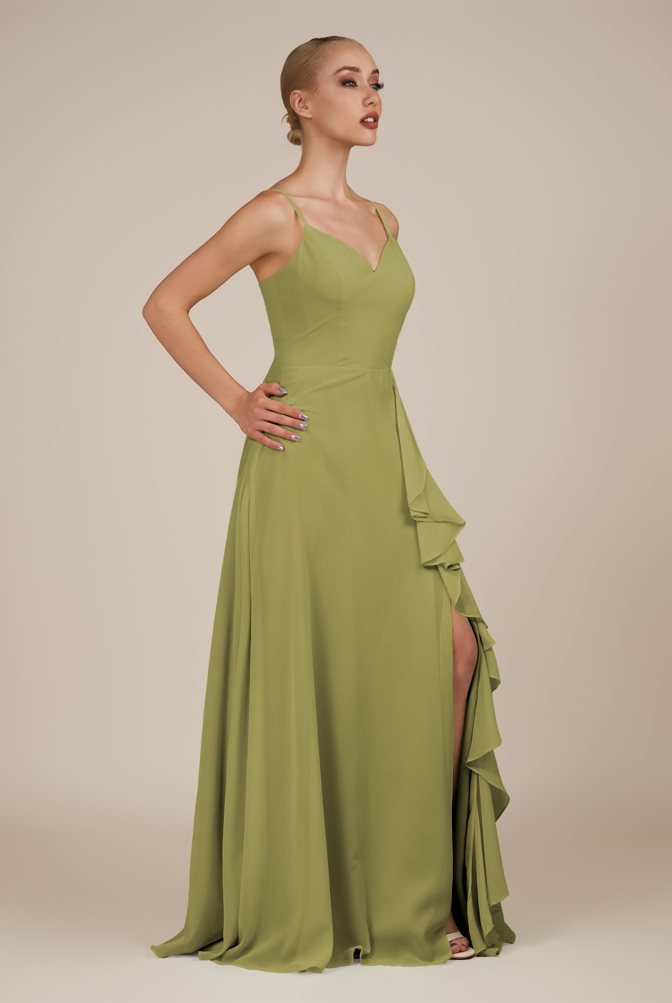 KissDress-Rhonda Moss Green Sheath Chiffon V Neck Ruffled Long Bridesmaid Dress with Slit