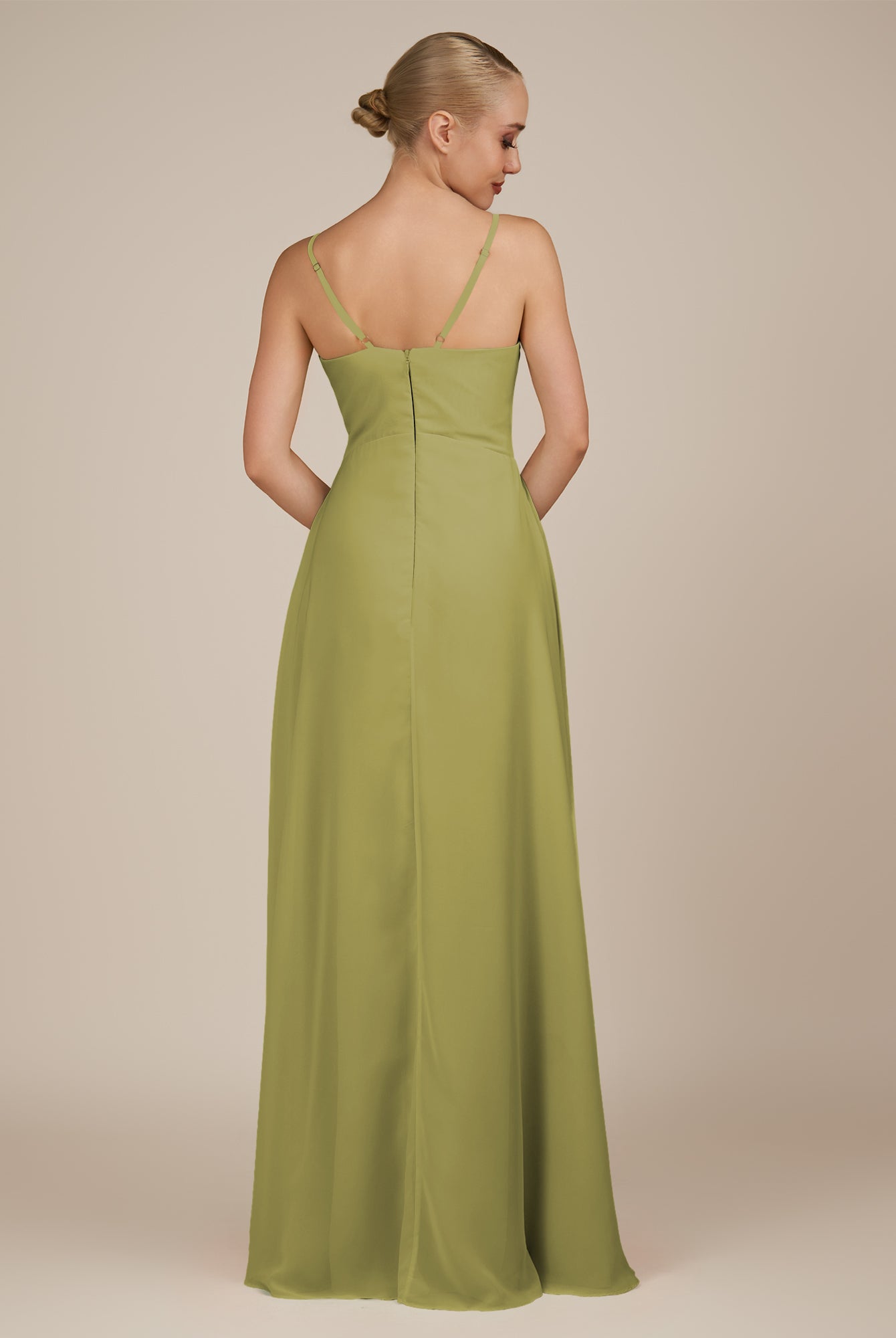 KissDress-Rhonda Moss Green Sheath Chiffon V Neck Ruffled Long Bridesmaid Dress with Slit