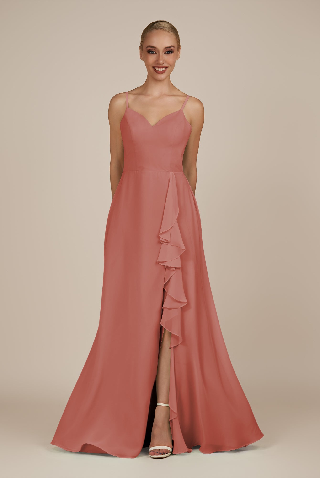 KissDress-Rhonda Mulberry Sheath Chiffon V Neck Ruffled Long Bridesmaid Dress with Slit