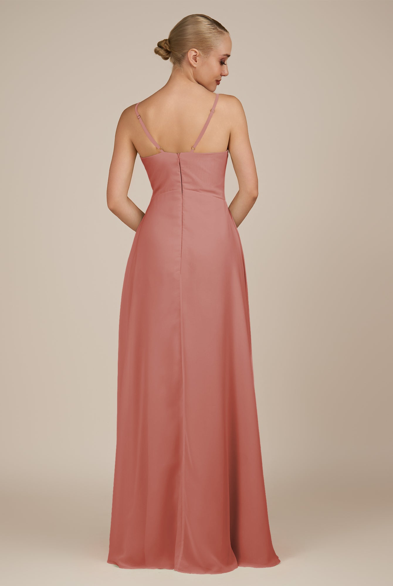 KissDress-Rhonda Mulberry Sheath Chiffon V Neck Ruffled Long Bridesmaid Dress with Slit