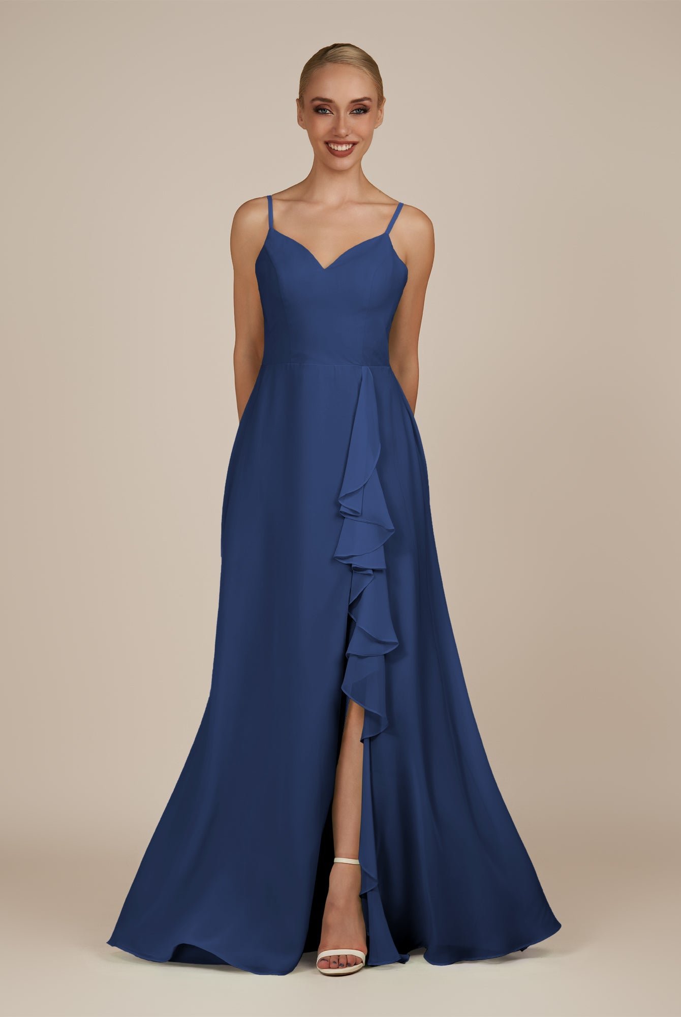 KissDress-Rhonda Navy Sheath Chiffon V Neck Ruffled Long Bridesmaid Dress with Slit