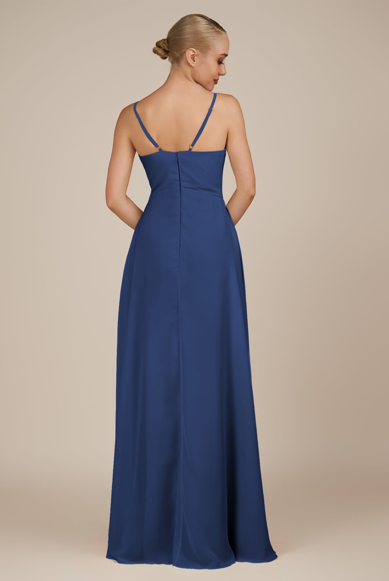 KissDress-Rhonda Navy Sheath Chiffon V Neck Ruffled Long Bridesmaid Dress with Slit