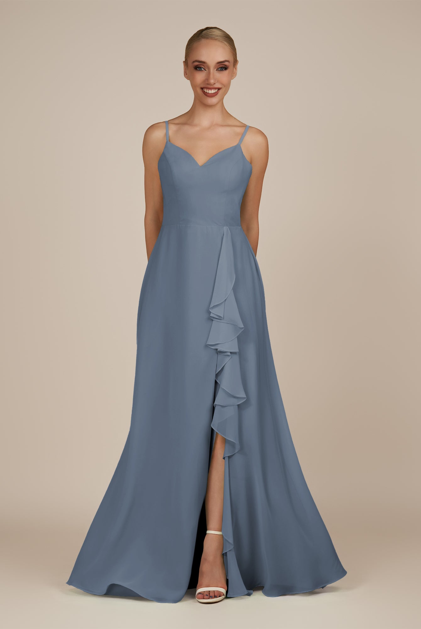 KissDress-Rhonda Neptune Sheath Chiffon V Neck Ruffled Long Bridesmaid Dress with Slit