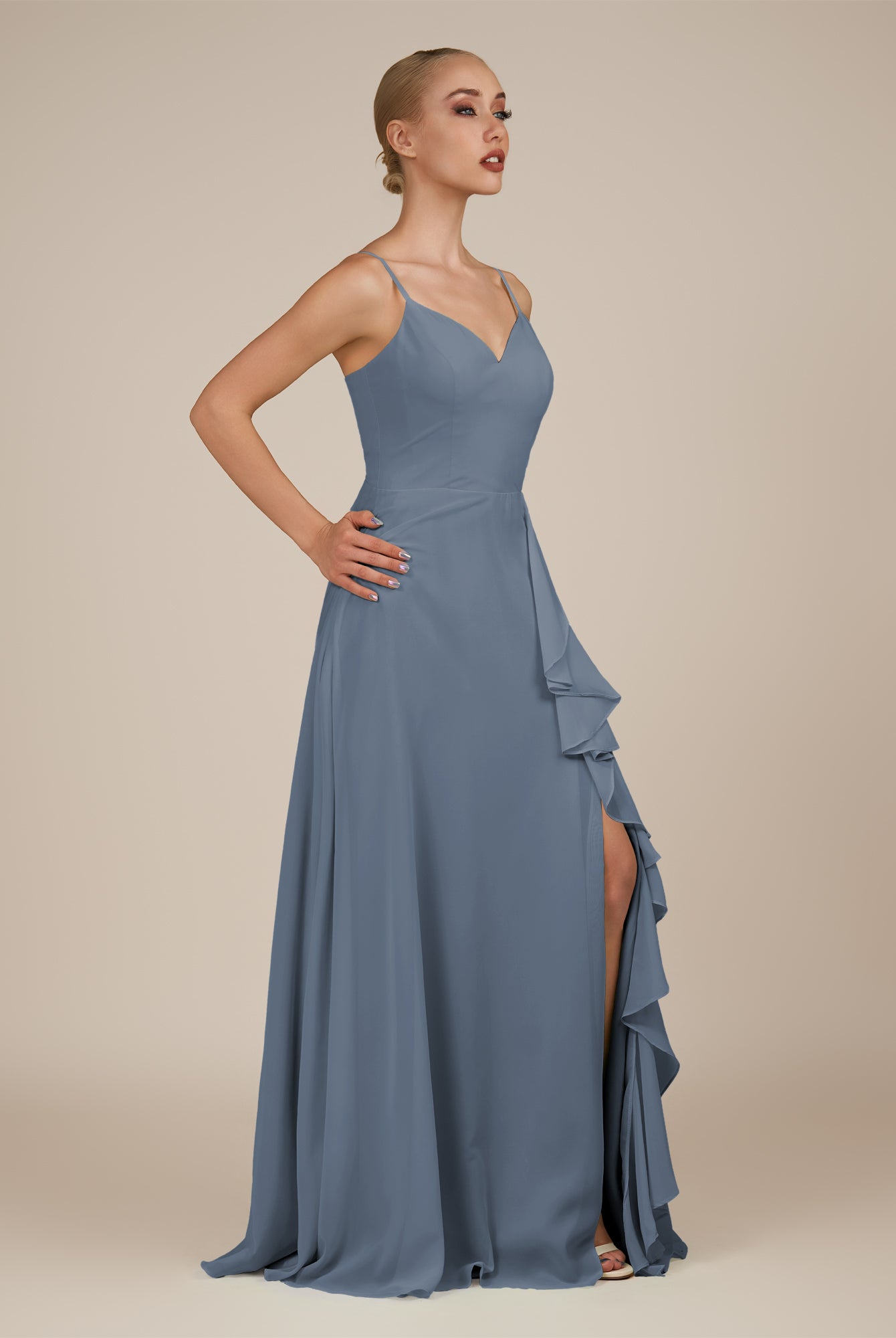 KissDress-Rhonda Neptune Sheath Chiffon V Neck Ruffled Long Bridesmaid Dress with Slit