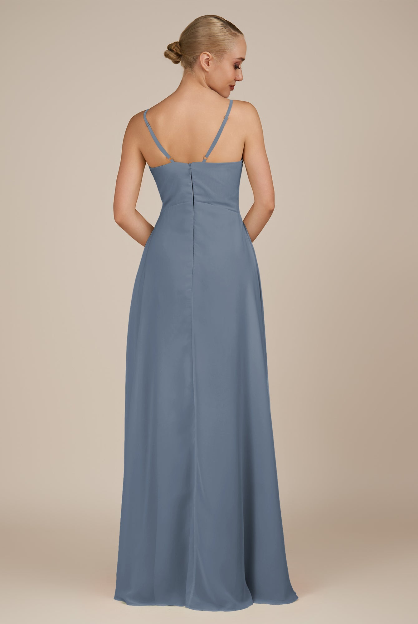 KissDress-Rhonda Neptune Sheath Chiffon V Neck Ruffled Long Bridesmaid Dress with Slit
