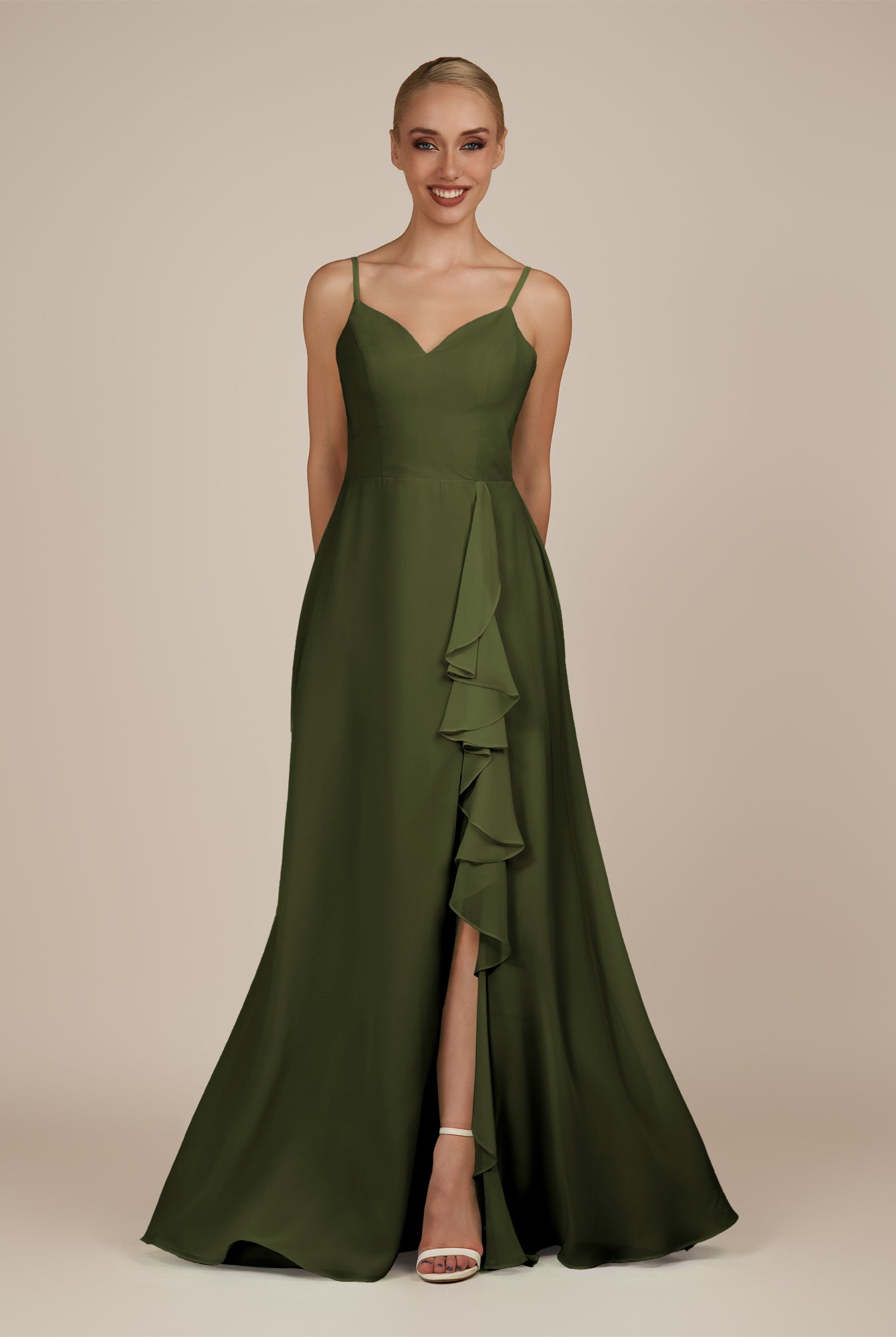 KissDress-Rhonda Olive Sheath Chiffon V Neck Ruffled Long Bridesmaid Dress with Slit