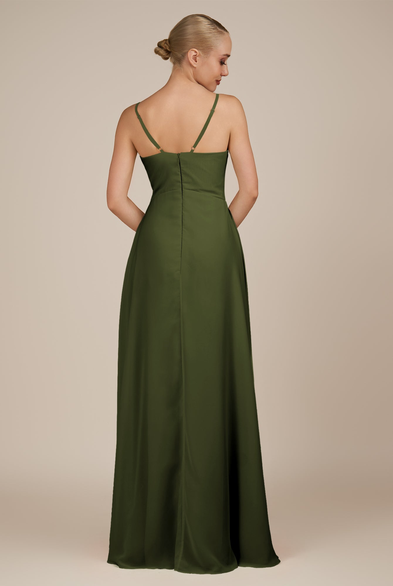 KissDress-Rhonda Olive Sheath Chiffon V Neck Ruffled Long Bridesmaid Dress with Slit