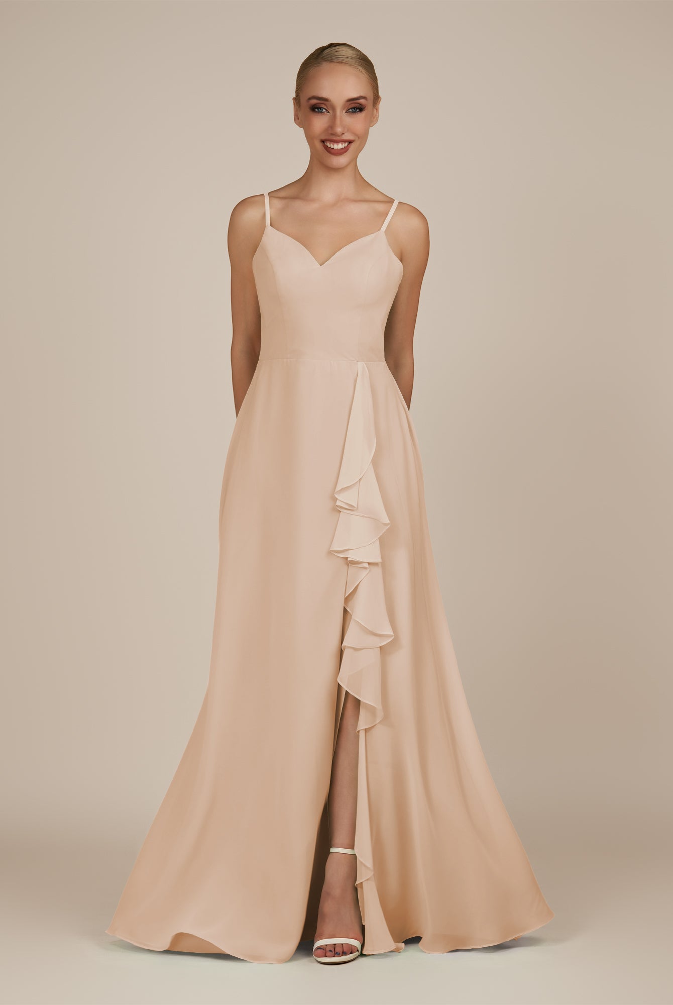 KissDress-Rhonda Pale Blush Sheath Chiffon V Neck Ruffled Long Bridesmaid Dress with Slit