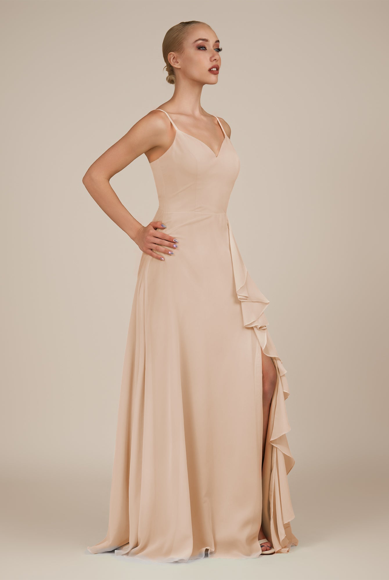 KissDress-Rhonda Pale Blush Sheath Chiffon V Neck Ruffled Long Bridesmaid Dress with Slit