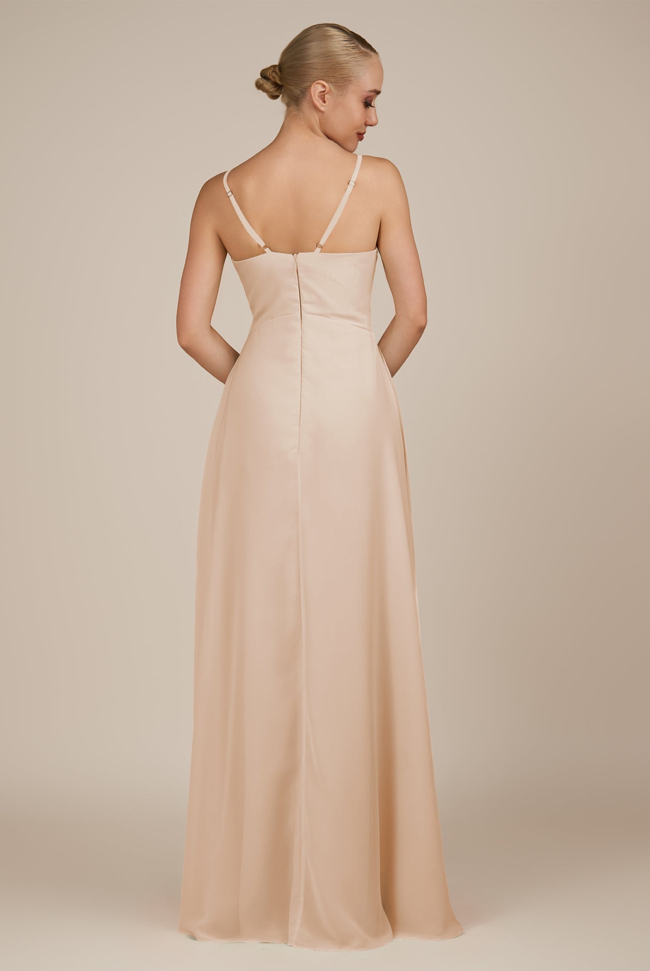 KissDress-Rhonda Pale Blush Sheath Chiffon V Neck Ruffled Long Bridesmaid Dress with Slit