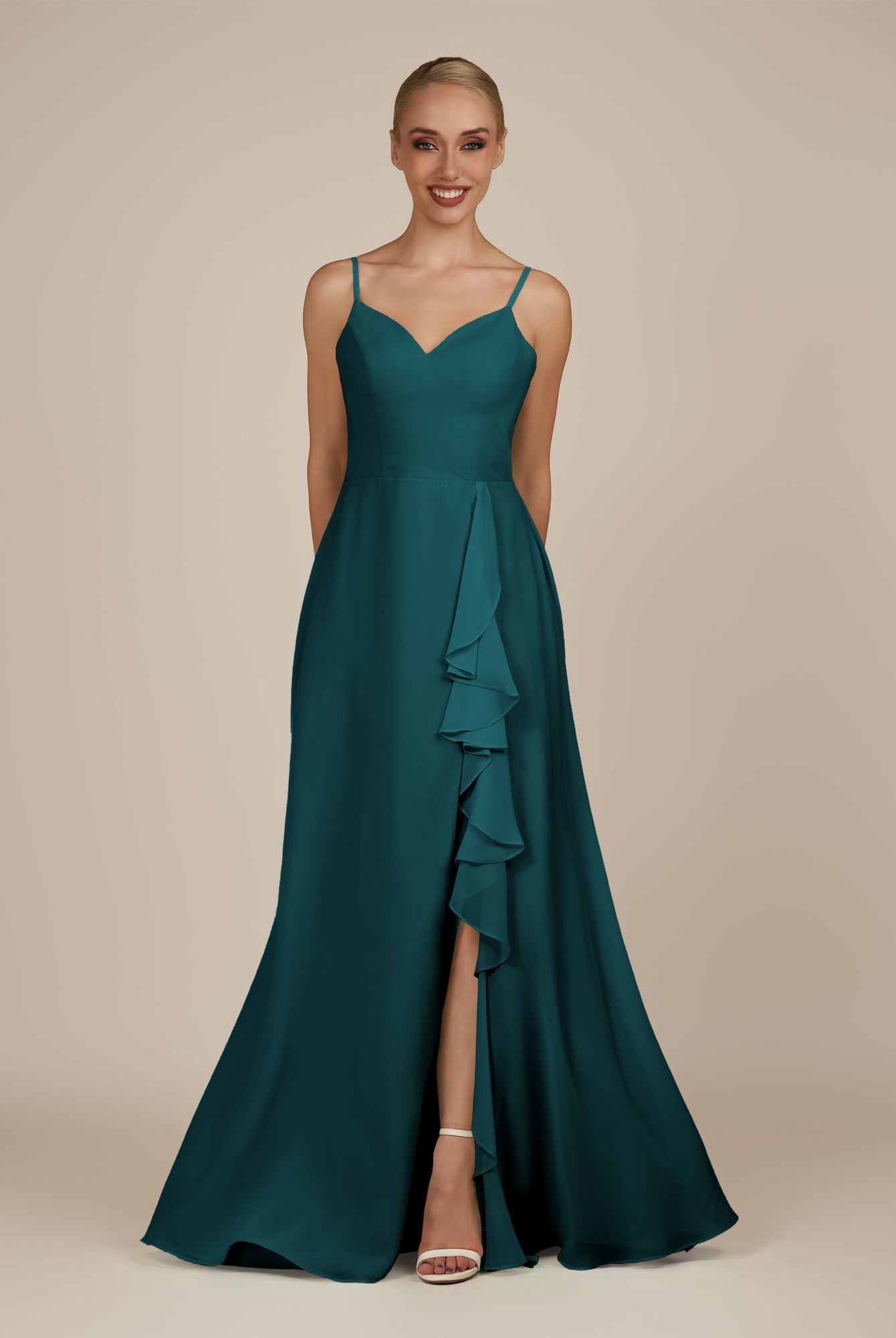KissDress-Rhonda Pine Sheath Chiffon V Neck Ruffled Long Bridesmaid Dress with Slit
