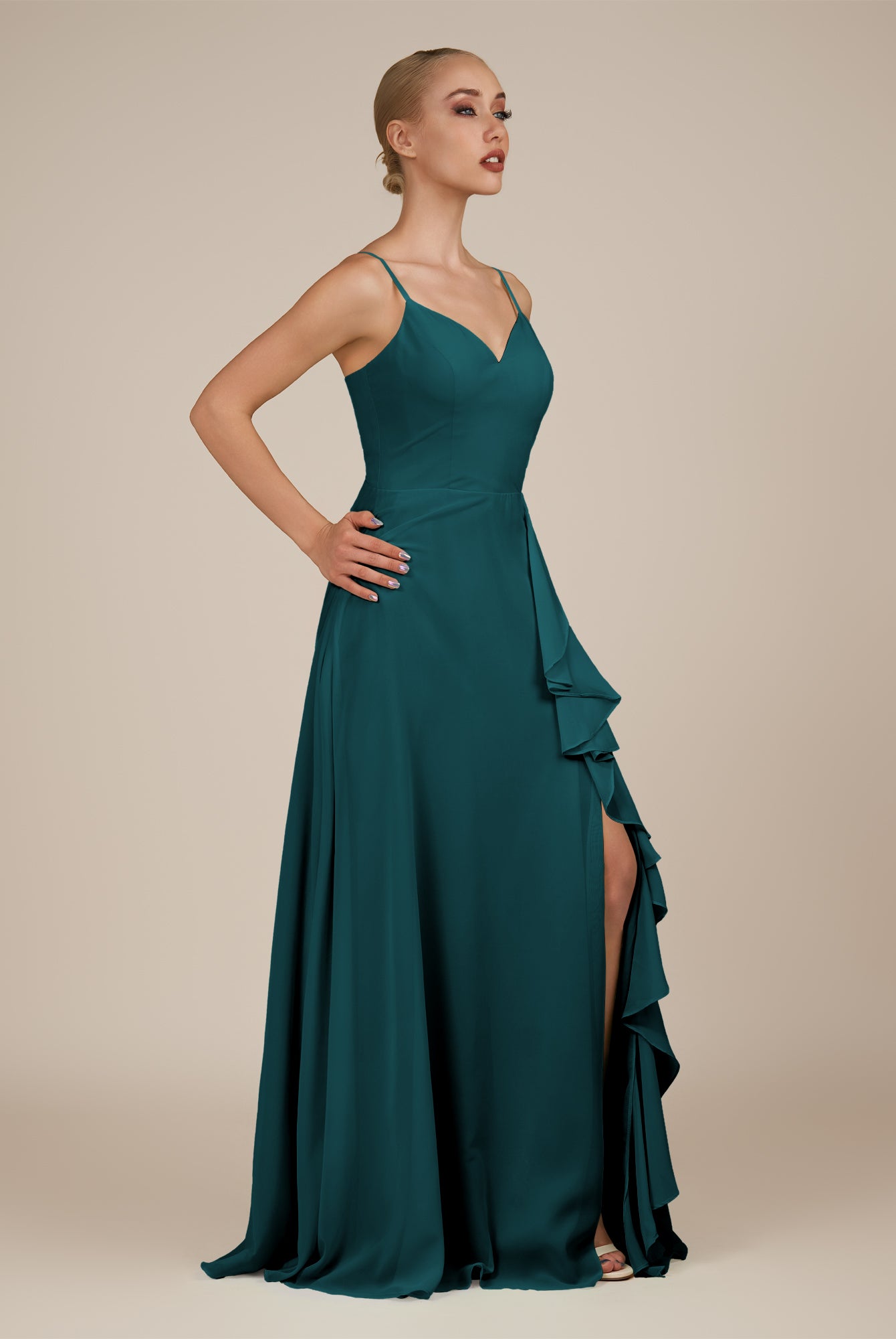 KissDress-Rhonda Pine Sheath Chiffon V Neck Ruffled Long Bridesmaid Dress with Slit