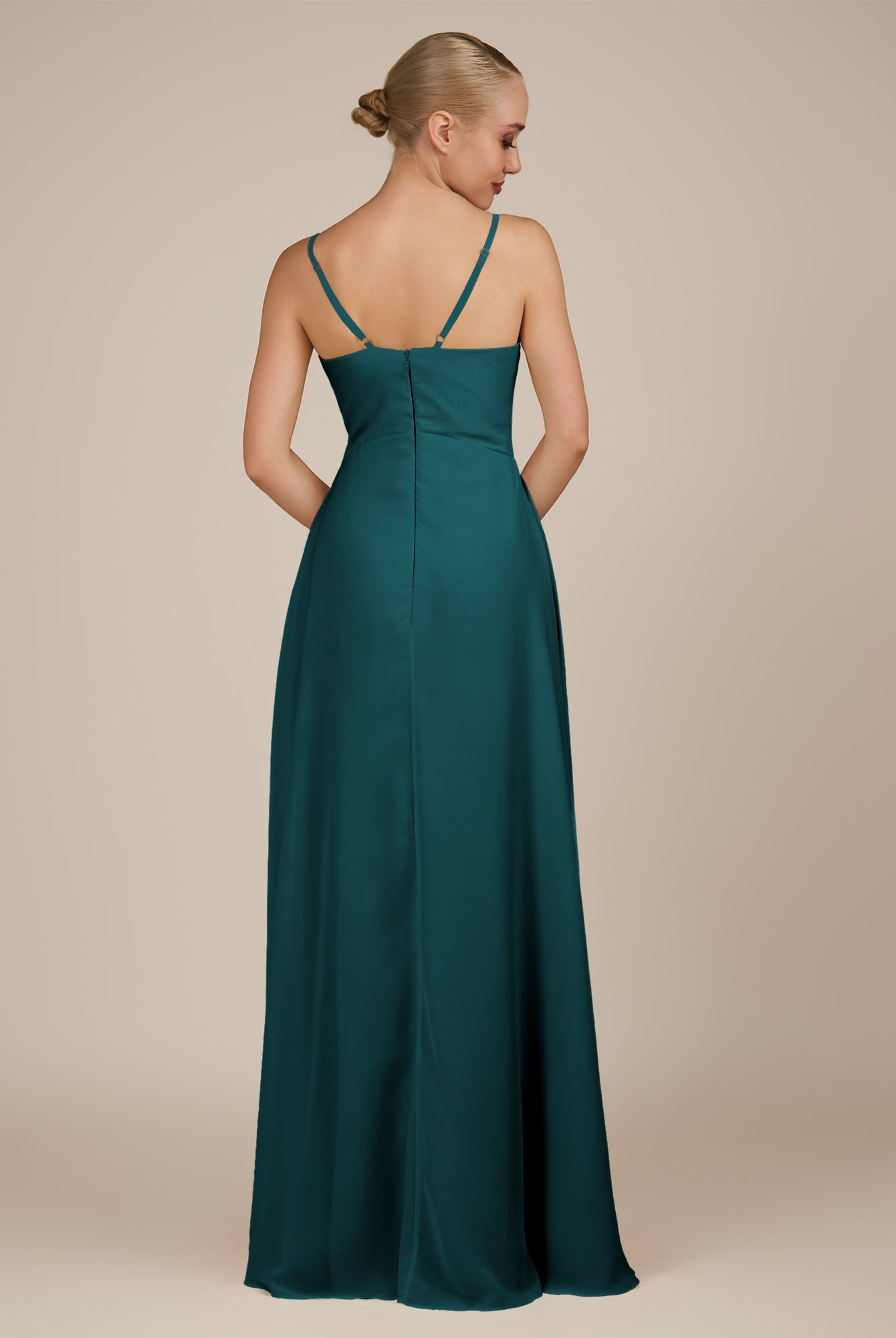KissDress-Rhonda Pine Sheath Chiffon V Neck Ruffled Long Bridesmaid Dress with Slit