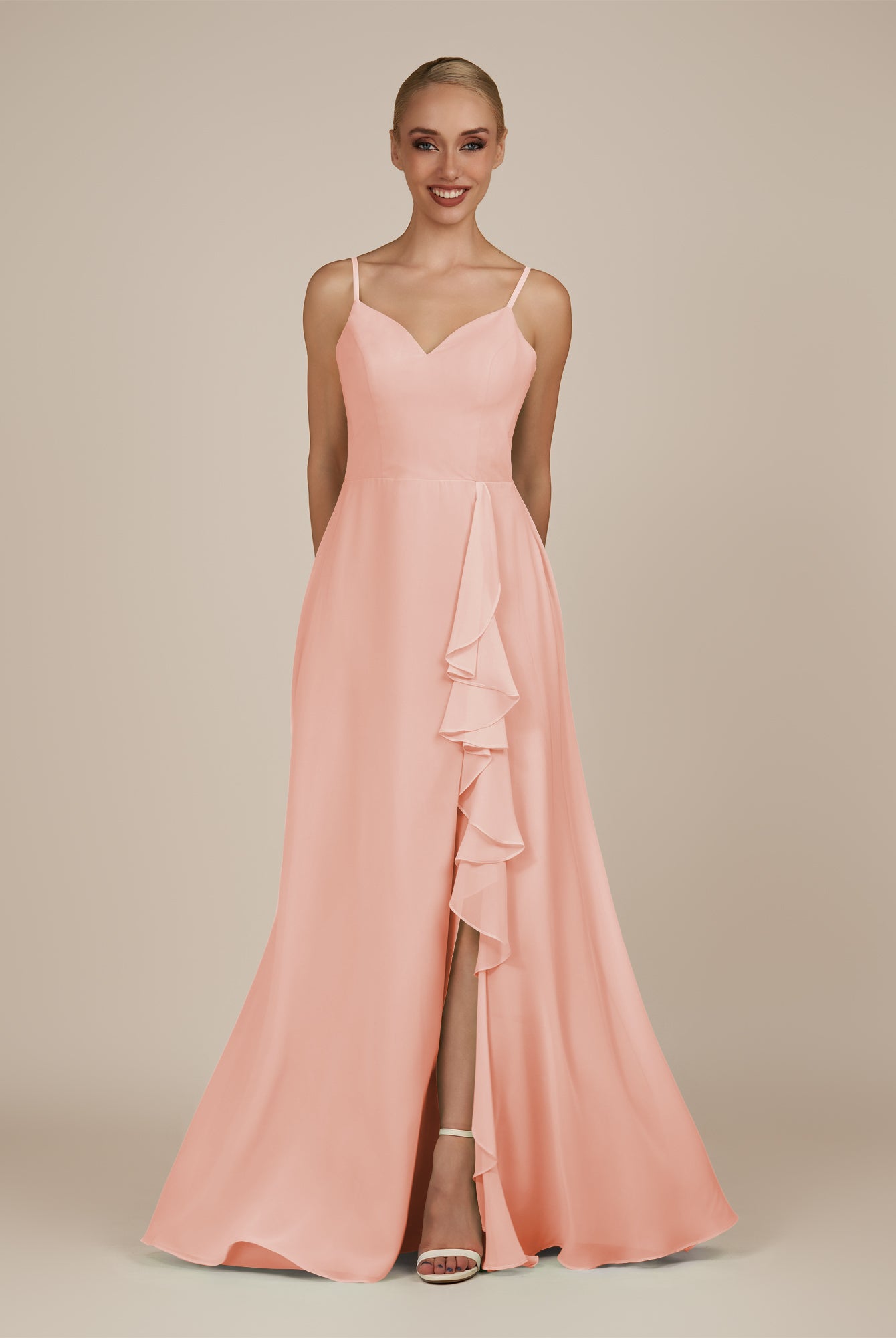 KissDress-Rhonda Rose Petal Sheath Chiffon V Neck Ruffled Long Bridesmaid Dress with Slit