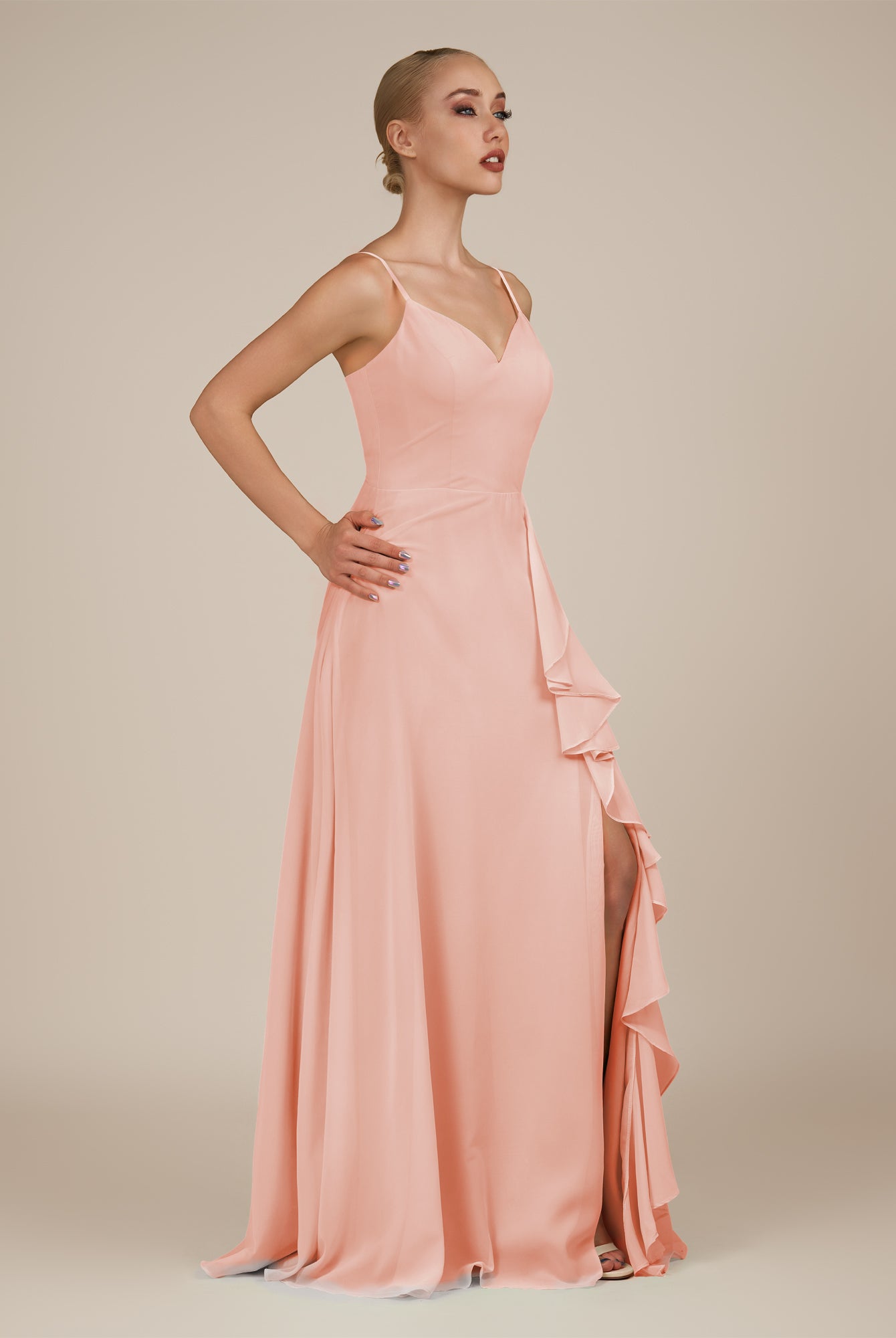 KissDress-Rhonda Rose Petal Sheath Chiffon V Neck Ruffled Long Bridesmaid Dress with Slit