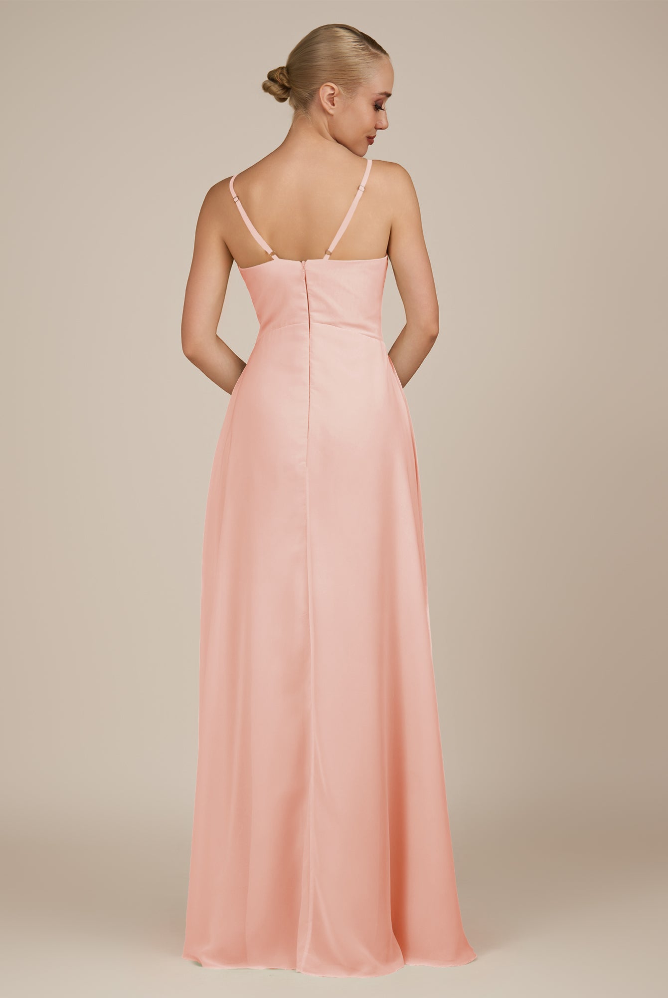 KissDress-Rhonda Rose Petal Sheath Chiffon V Neck Ruffled Long Bridesmaid Dress with Slit