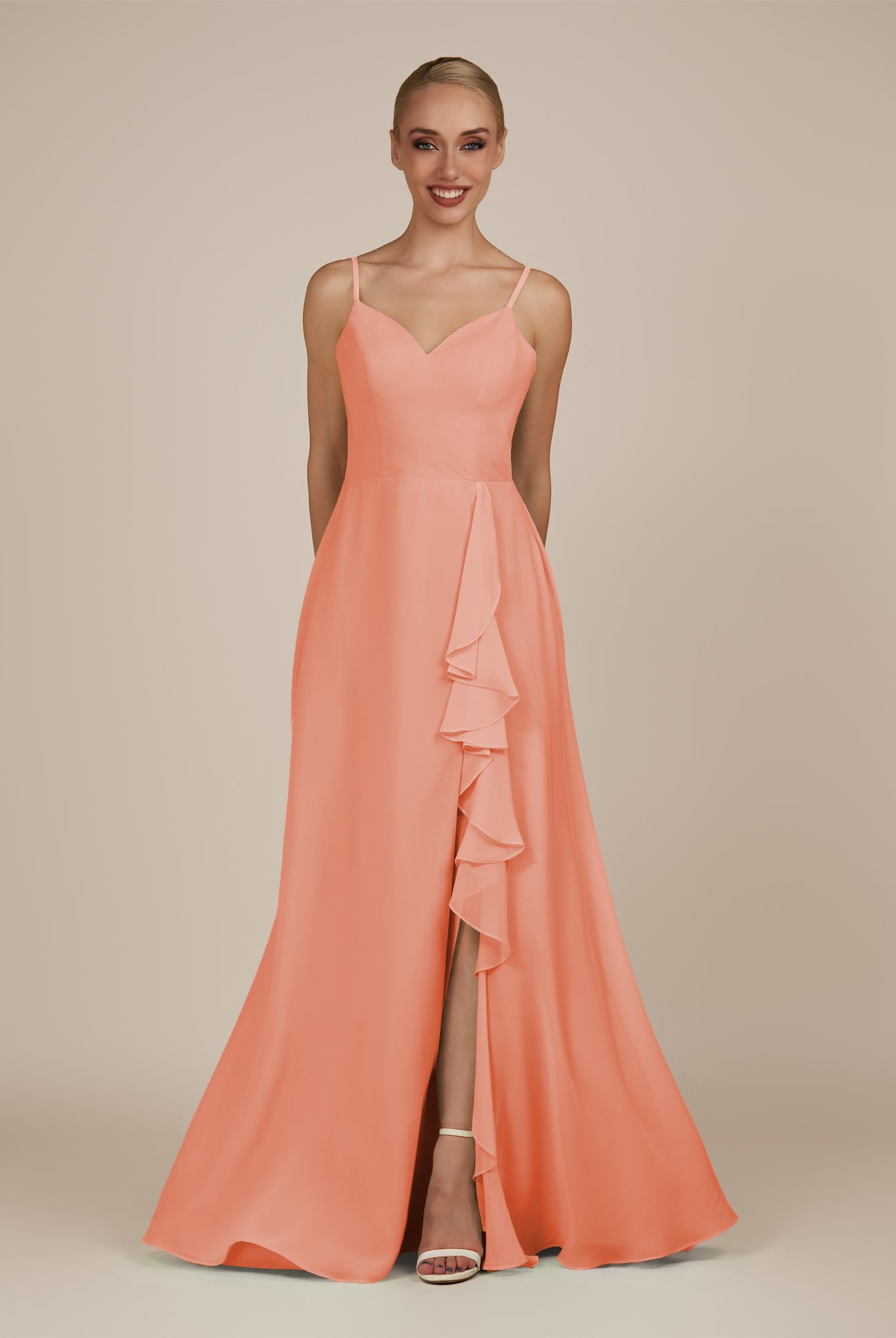 KissDress-Rhonda Rosette Sheath Chiffon V Neck Ruffled Long Bridesmaid Dress with Slit