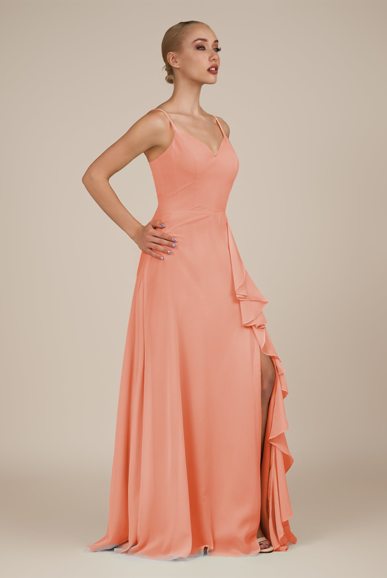KissDress-Rhonda Rosette Sheath Chiffon V Neck Ruffled Long Bridesmaid Dress with Slit
