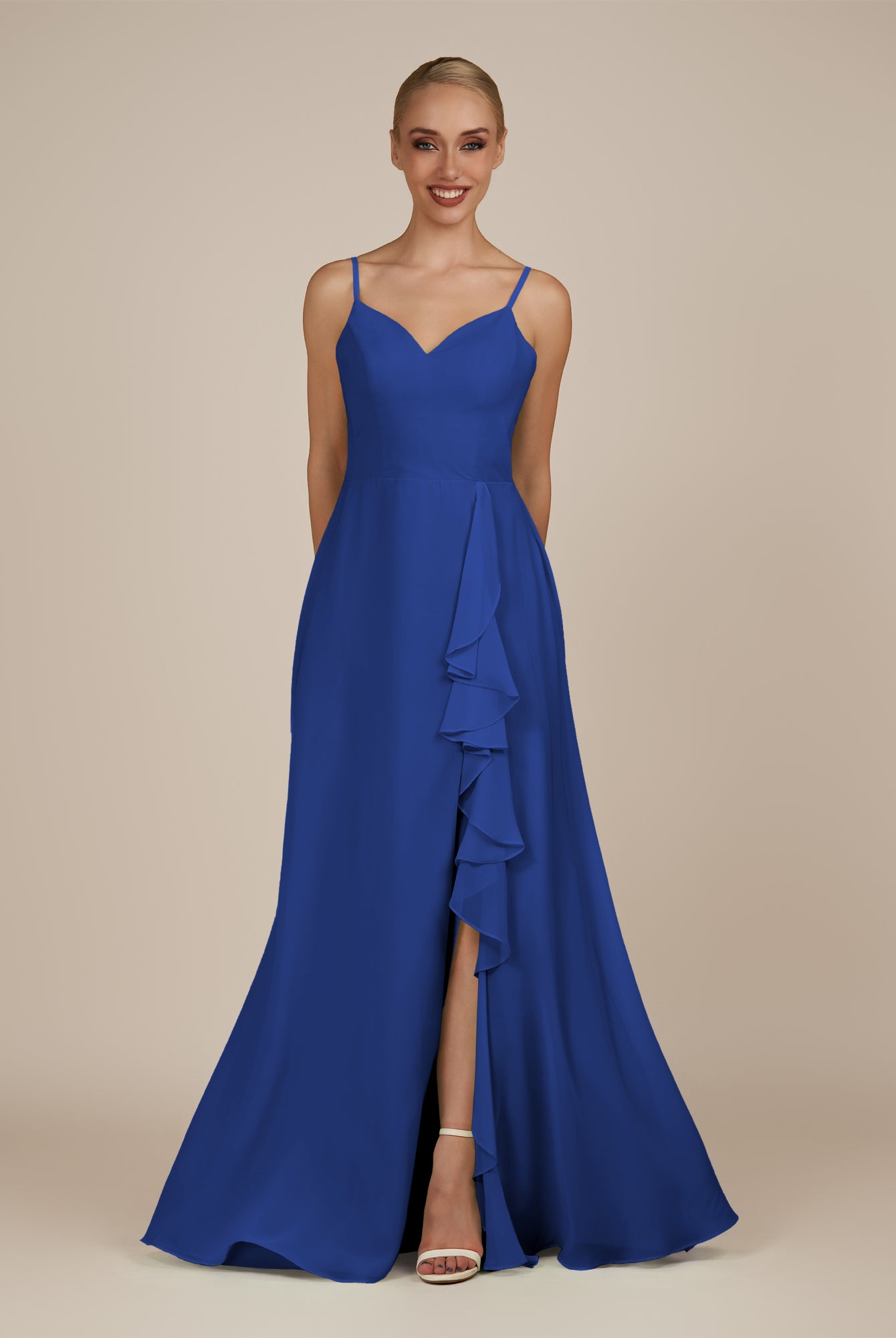 KissDress-Rhonda Royal Blue Sheath Chiffon V Neck Ruffled Long Bridesmaid Dress with Slit