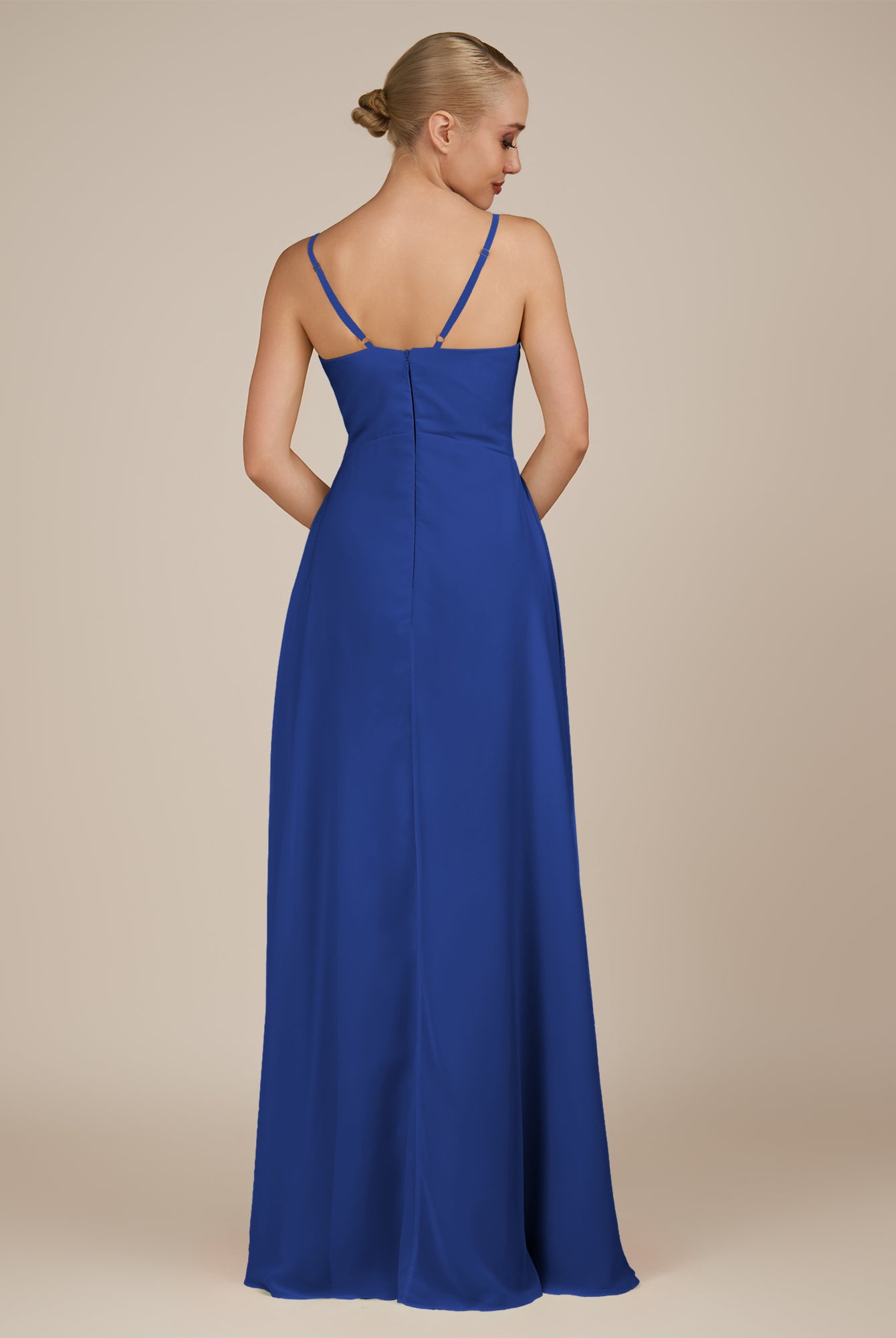KissDress-Rhonda Royal Blue Sheath Chiffon V Neck Ruffled Long Bridesmaid Dress with Slit