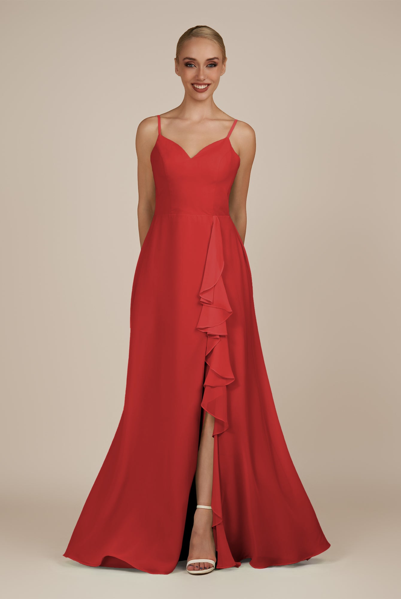 KissDress-Rhonda Ruby Red Sheath Chiffon V Neck Ruffled Long Bridesmaid Dress with Slit