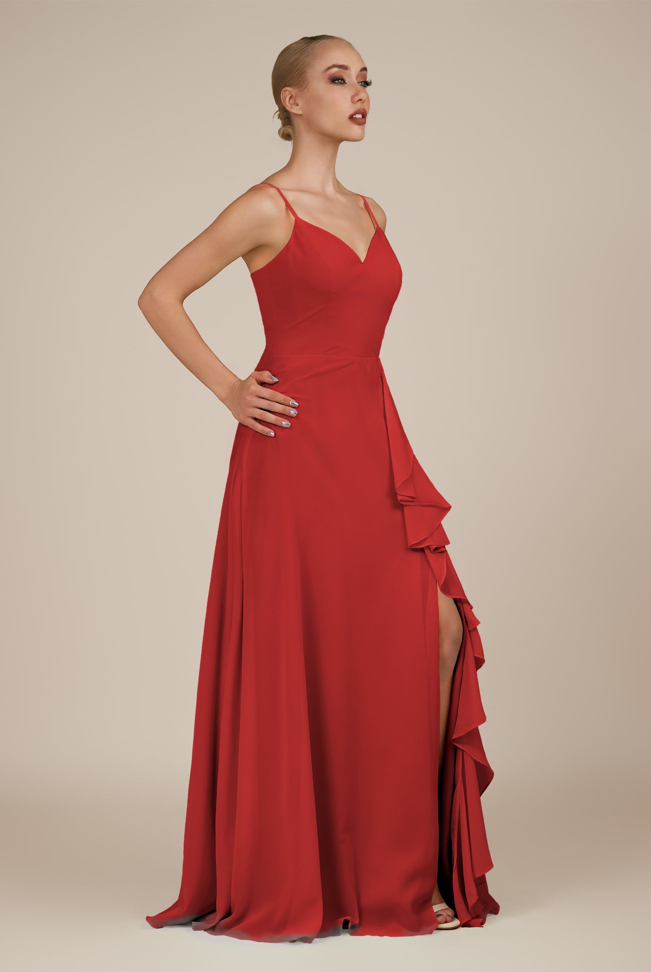 KissDress-Rhonda Ruby Red Sheath Chiffon V Neck Ruffled Long Bridesmaid Dress with Slit