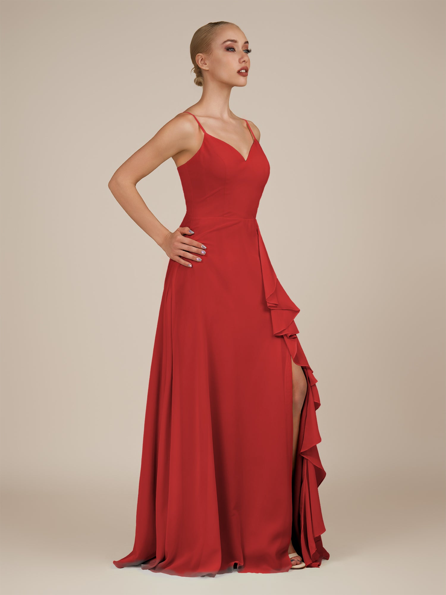 KissDress-Rhonda Ruby Red Sheath Chiffon V Neck Ruffled Long Bridesmaid Dress with Slit