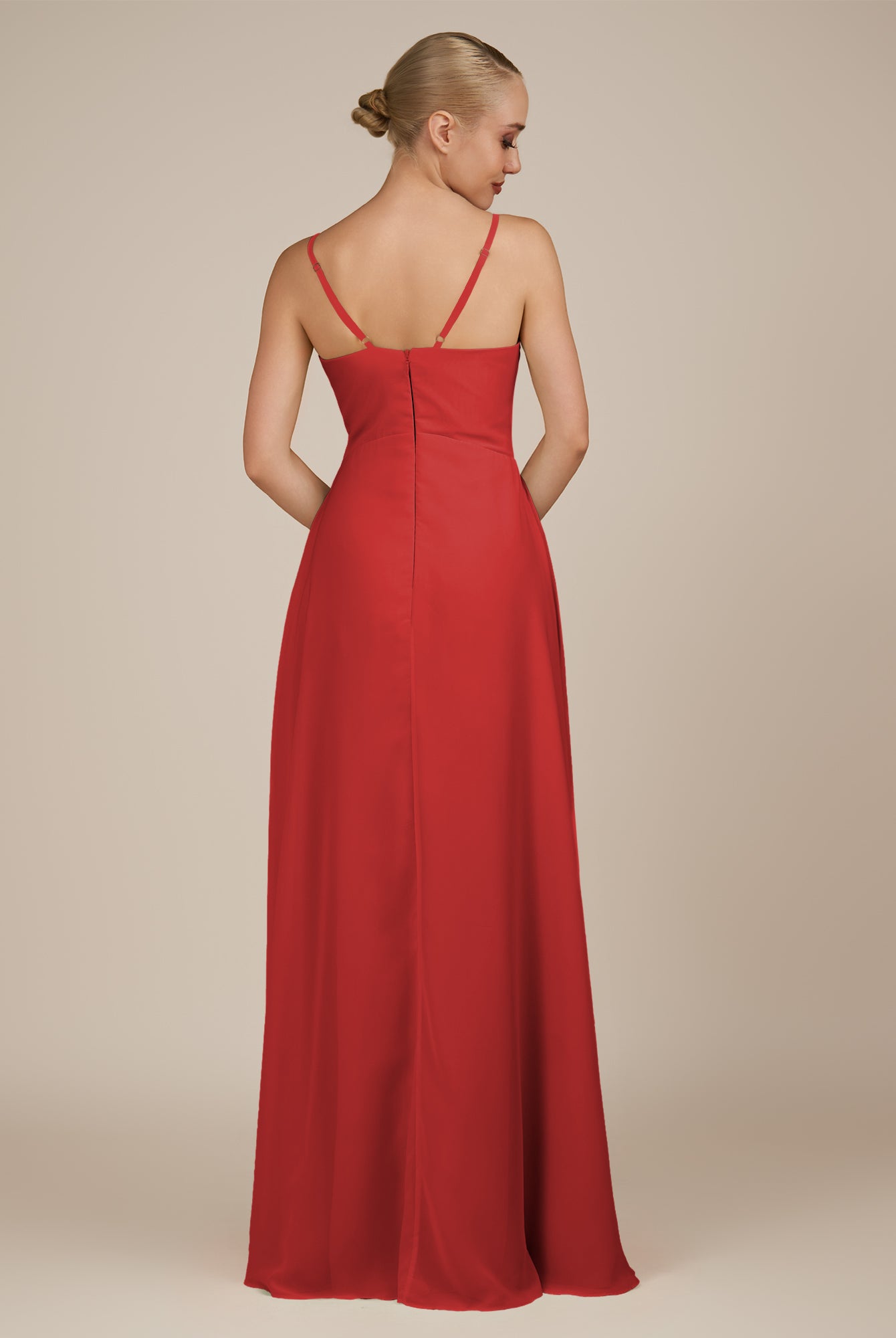KissDress-Rhonda Ruby Red Sheath Chiffon V Neck Ruffled Long Bridesmaid Dress with Slit