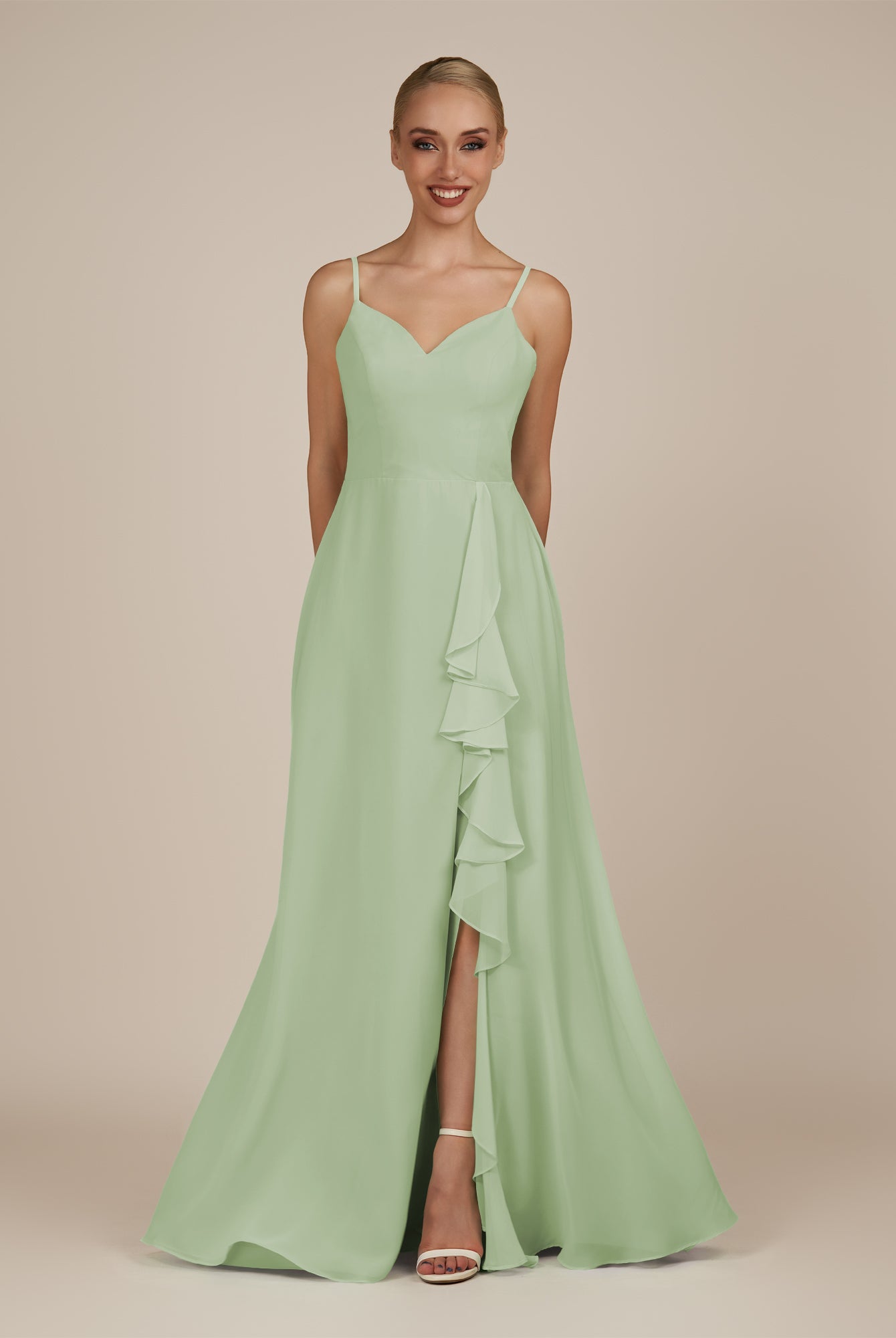 KissDress-Rhonda Sage Sheath Chiffon V Neck Ruffled Long Bridesmaid Dress with Slit