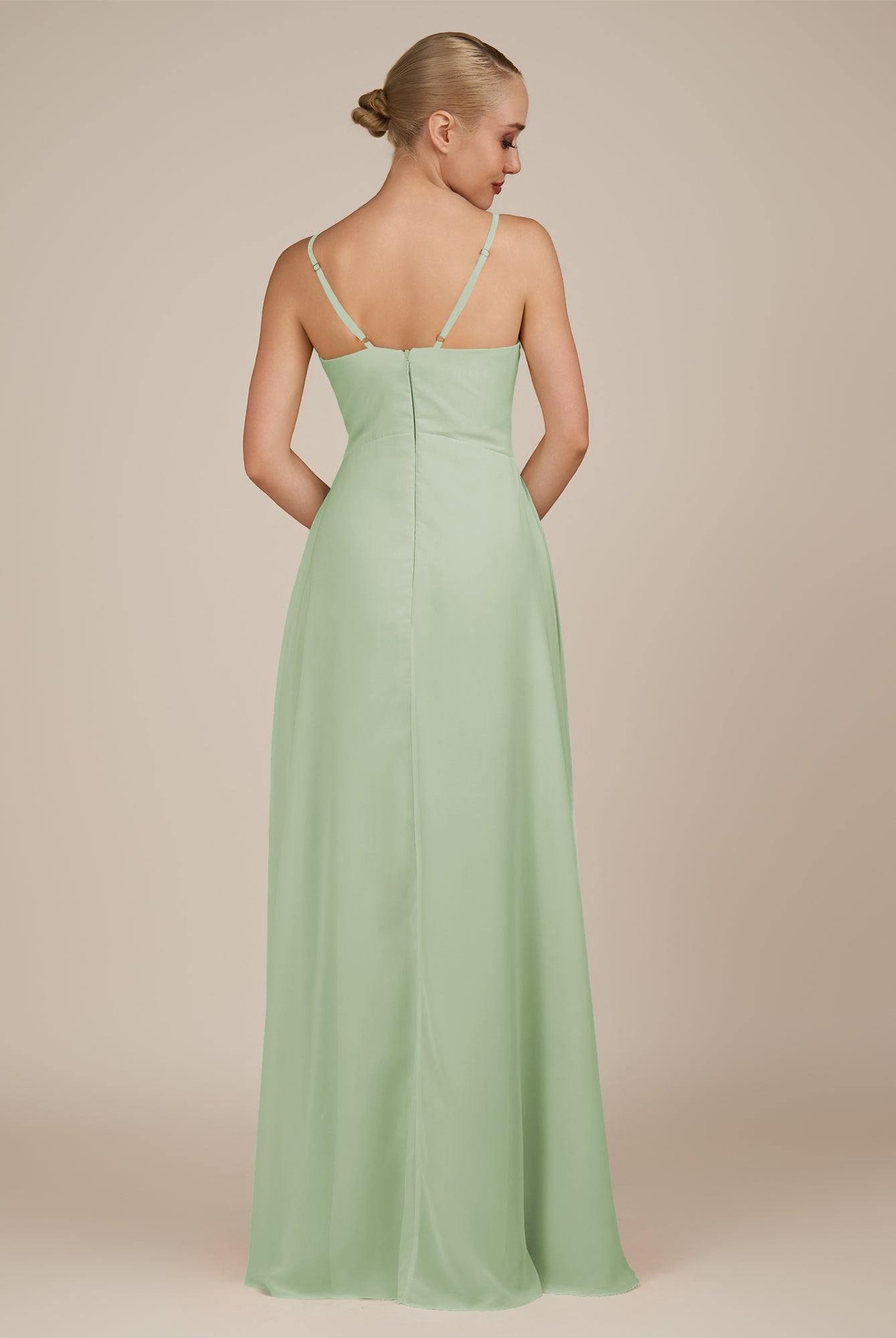 KissDress-Rhonda Sage Sheath Chiffon V Neck Ruffled Long Bridesmaid Dress with Slit