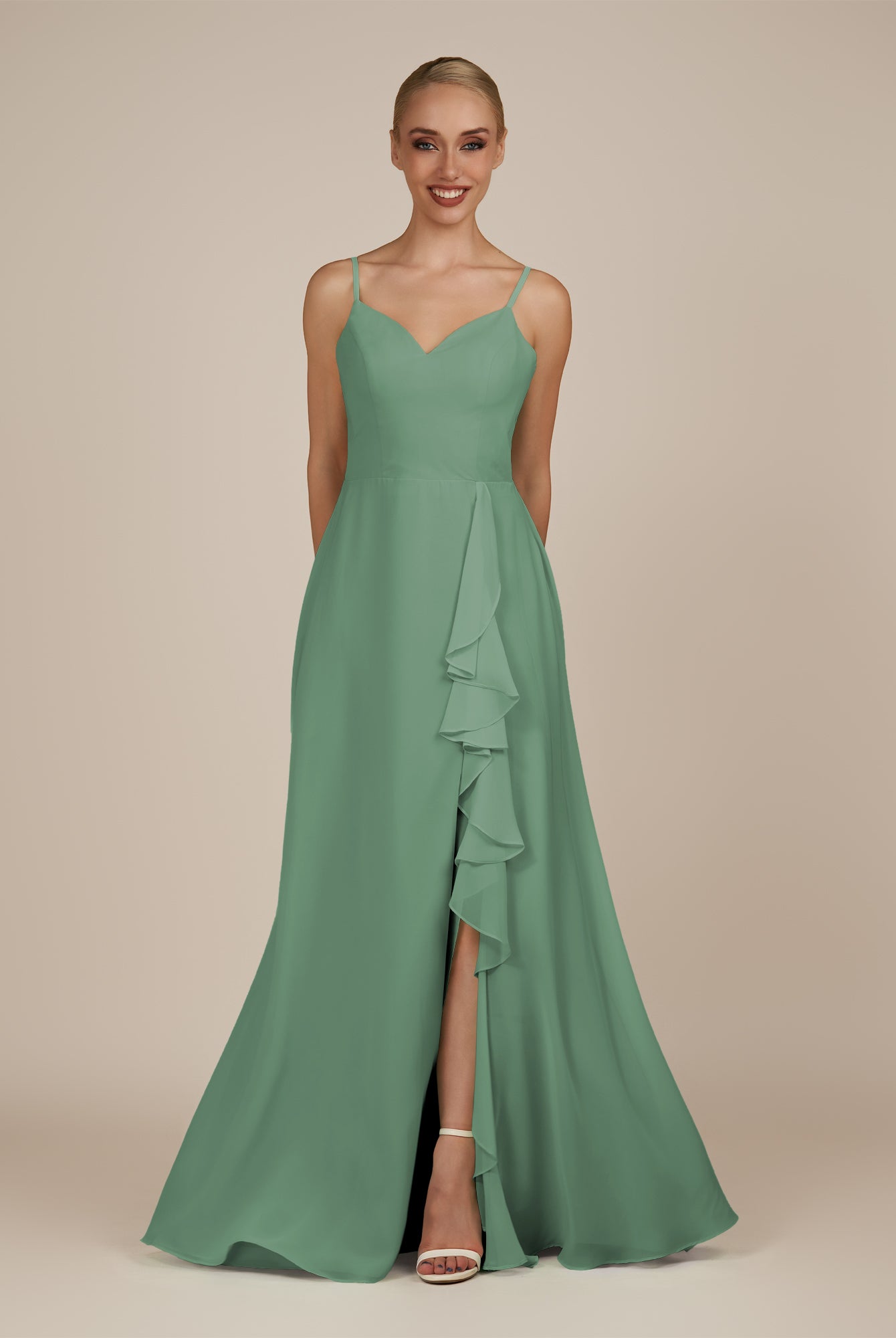 KissDress-Rhonda Sea Glass Sheath Chiffon V Neck Ruffled Long Bridesmaid Dress with Slit