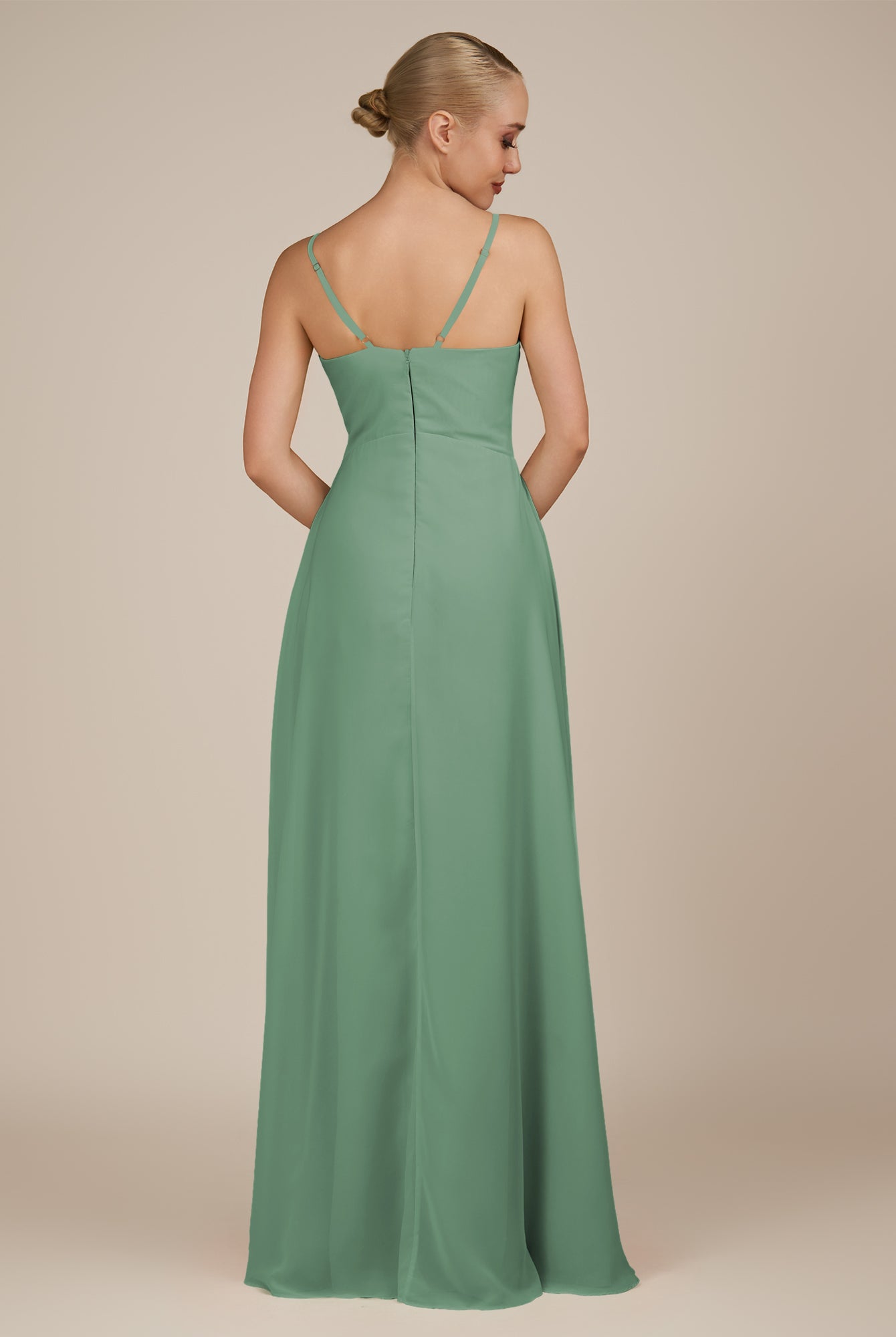 KissDress-Rhonda Sea Glass Sheath Chiffon V Neck Ruffled Long Bridesmaid Dress with Slit
