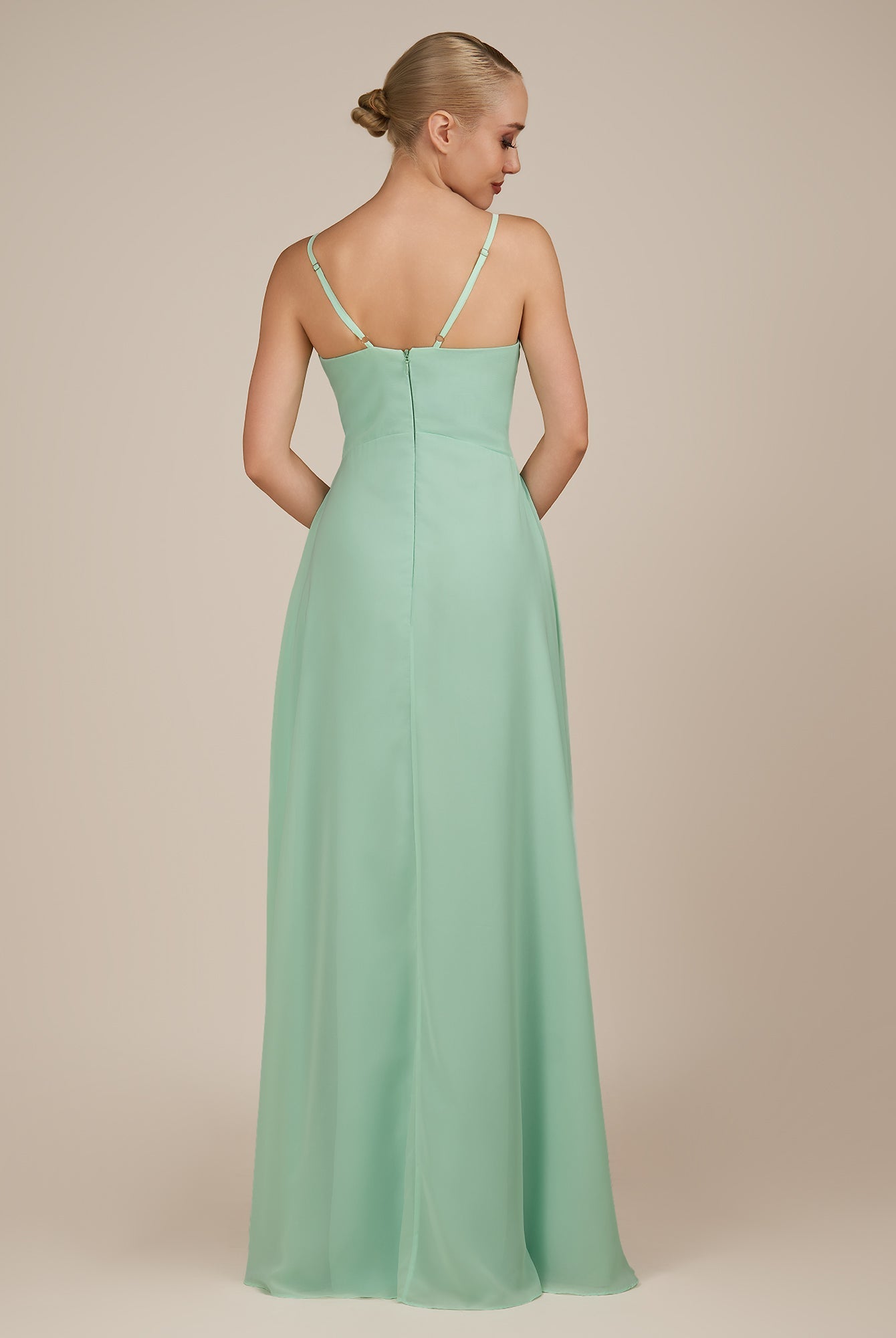 KissDress-Rhonda Pale Pistachio Sheath Chiffon V Neck Ruffled Long Bridesmaid Dress with Slit