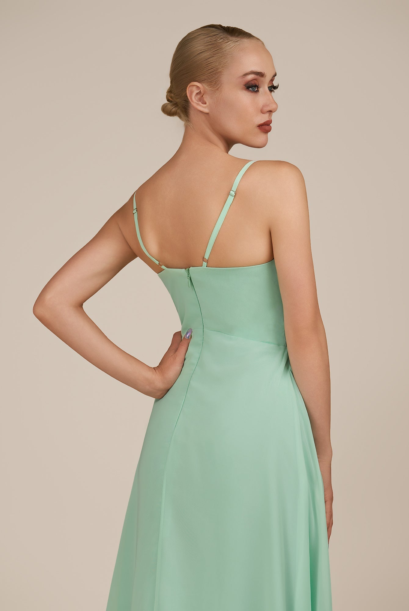 KissDress-Rhonda Pale Pistachio Sheath Chiffon V Neck Ruffled Long Bridesmaid Dress with Slit