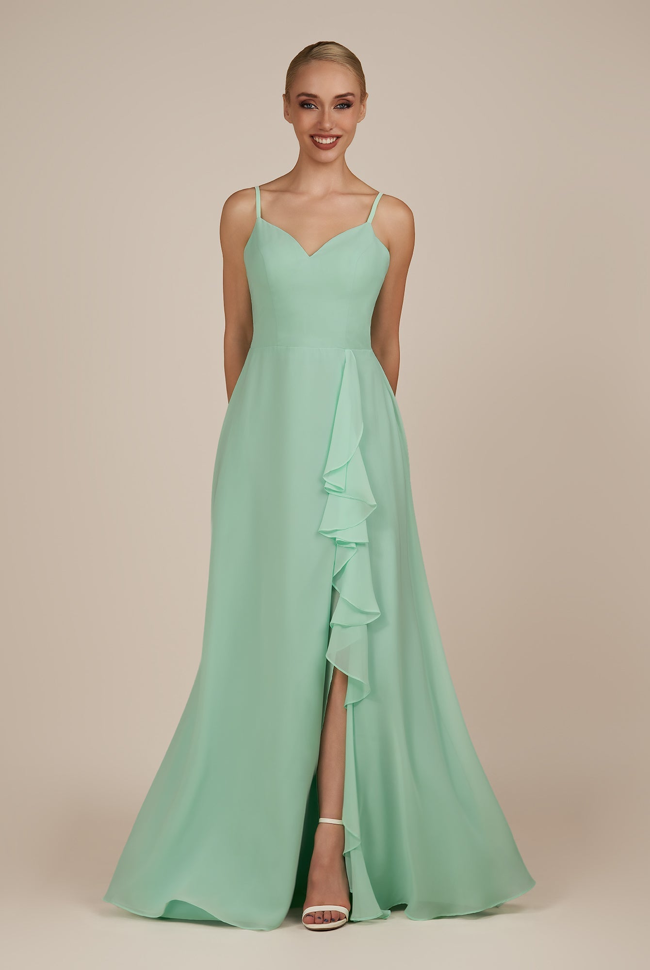 KissDress-Rhonda Pale Pistachio Sheath Chiffon V Neck Ruffled Long Bridesmaid Dress with Slit