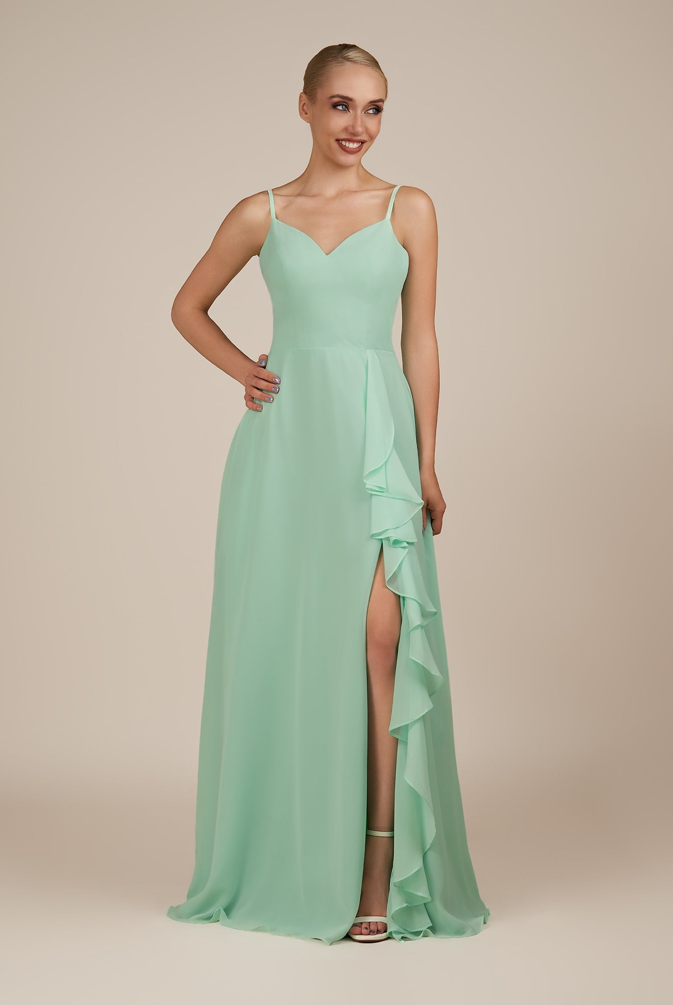 KissDress-Rhonda Pale Pistachio Sheath Chiffon V Neck Ruffled Long Bridesmaid Dress with Slit