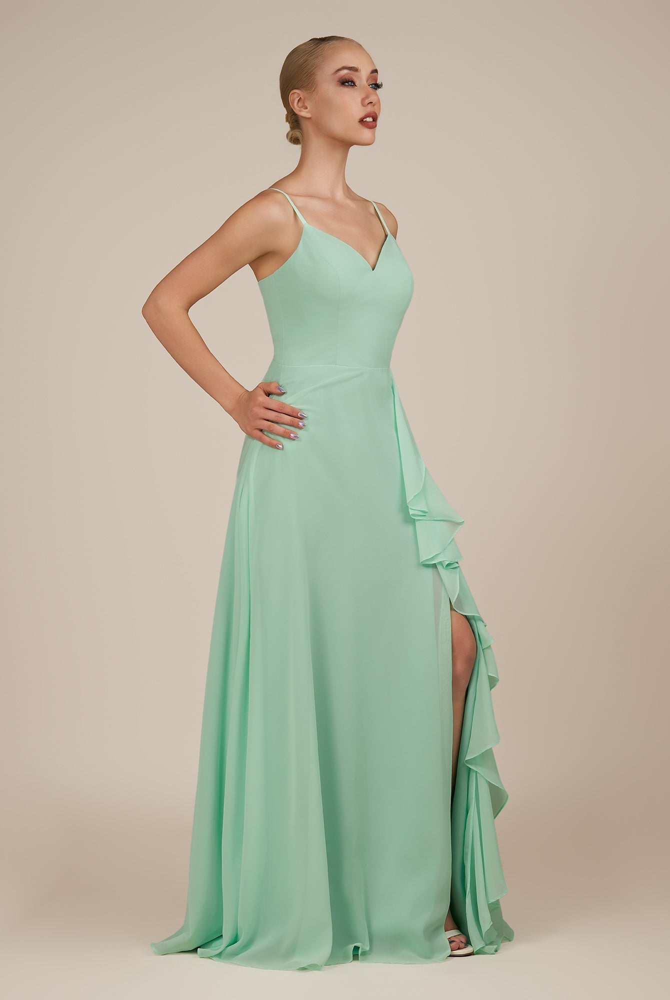 KissDress-Rhonda Pale Pistachio Sheath Chiffon V Neck Ruffled Long Bridesmaid Dress with Slit