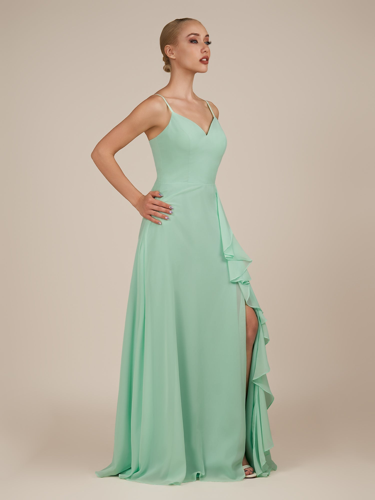 KissDress-Rhonda Pale Pistachio Sheath Chiffon V Neck Ruffled Long Bridesmaid Dress with Slit