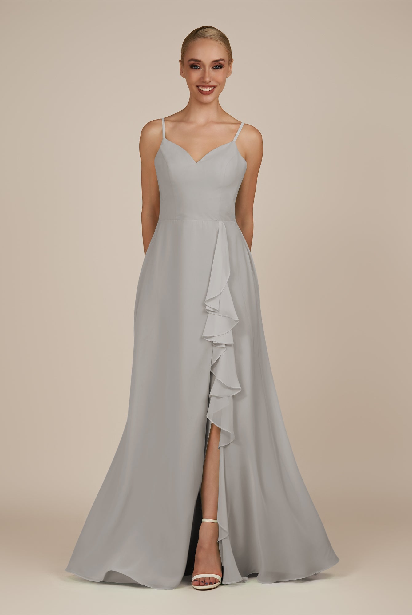KissDress-Rhonda Silver Sheath Chiffon V Neck Ruffled Long Bridesmaid Dress with Slit