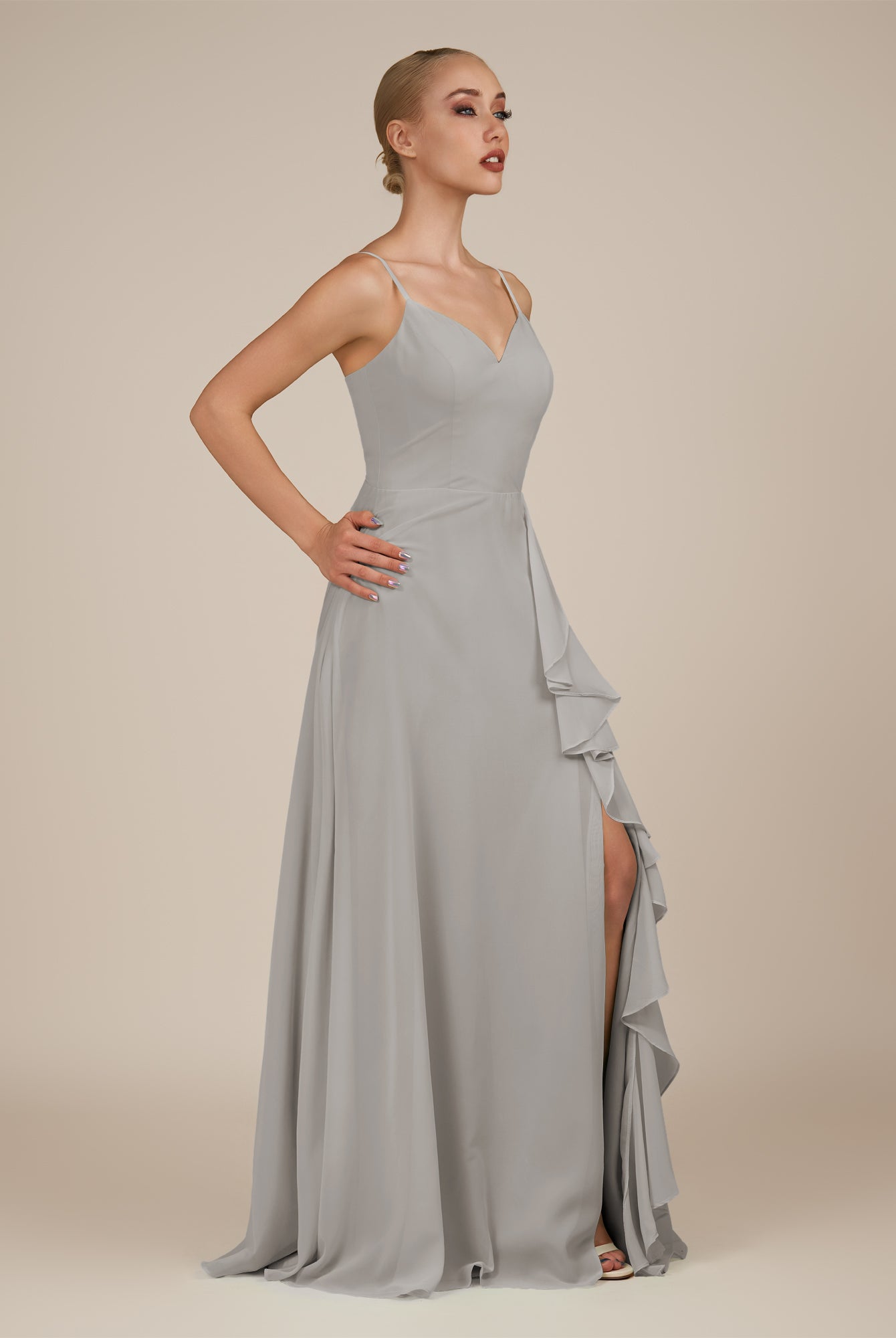 KissDress-Rhonda Silver Sheath Chiffon V Neck Ruffled Long Bridesmaid Dress with Slit