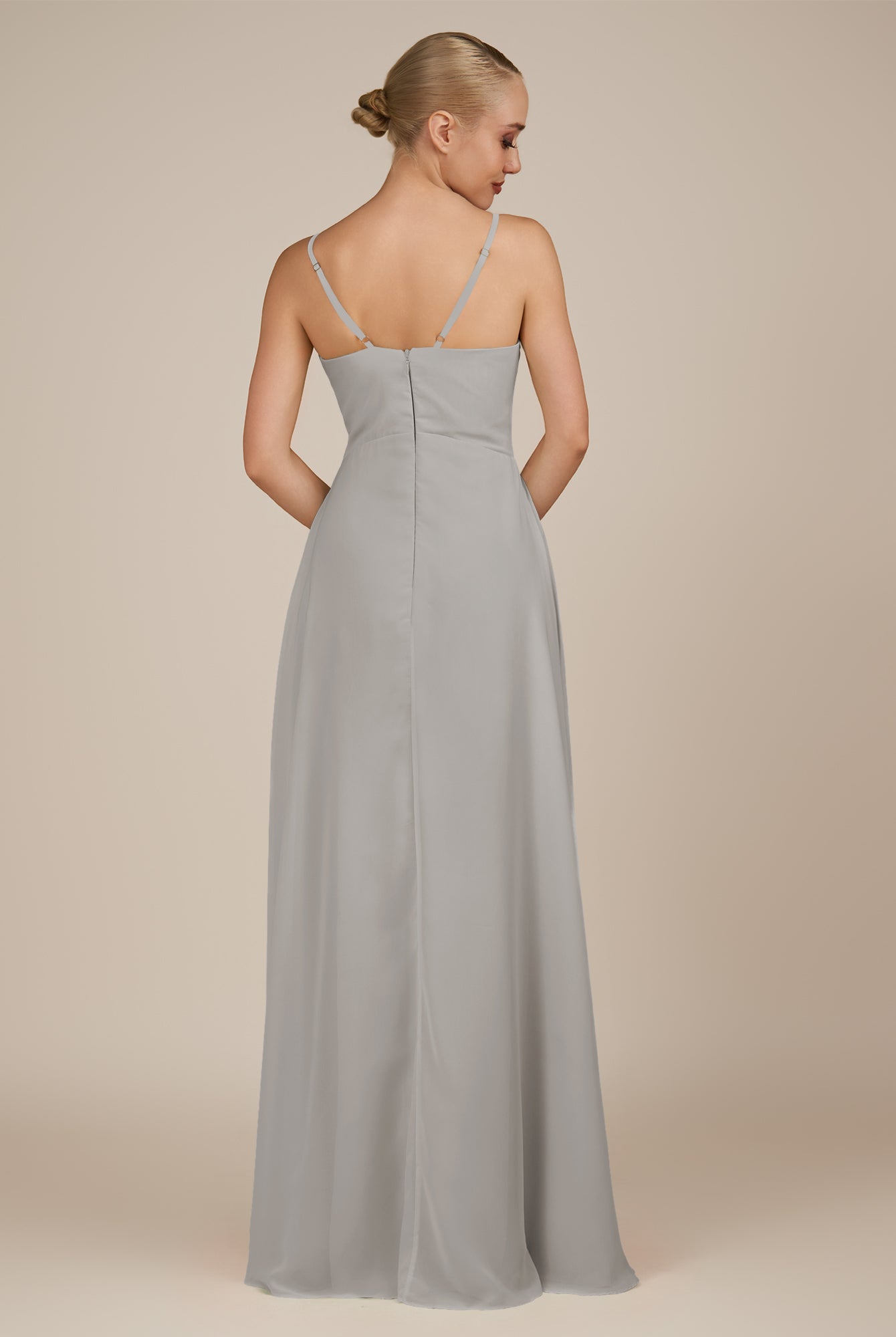 KissDress-Rhonda Silver Sheath Chiffon V Neck Ruffled Long Bridesmaid Dress with Slit