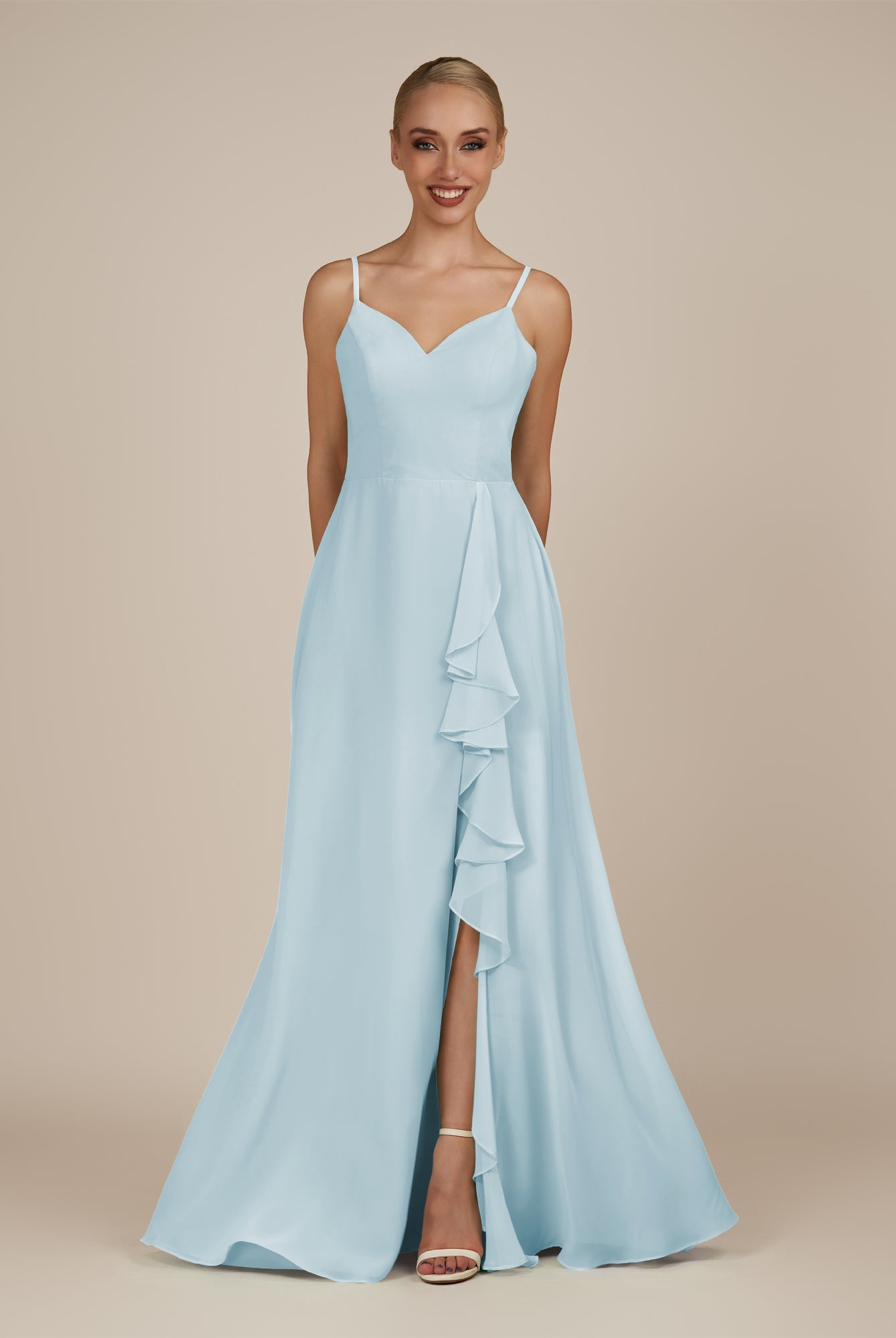 KissDress-Rhonda Sky Blue Sheath Chiffon V Neck Ruffled Long Bridesmaid Dress with Slit