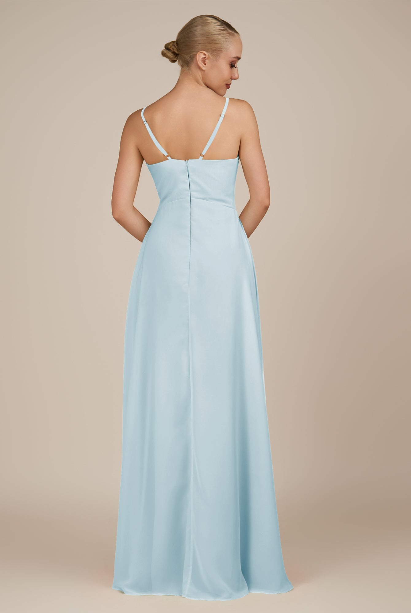 KissDress-Rhonda Sky Blue Sheath Chiffon V Neck Ruffled Long Bridesmaid Dress with Slit