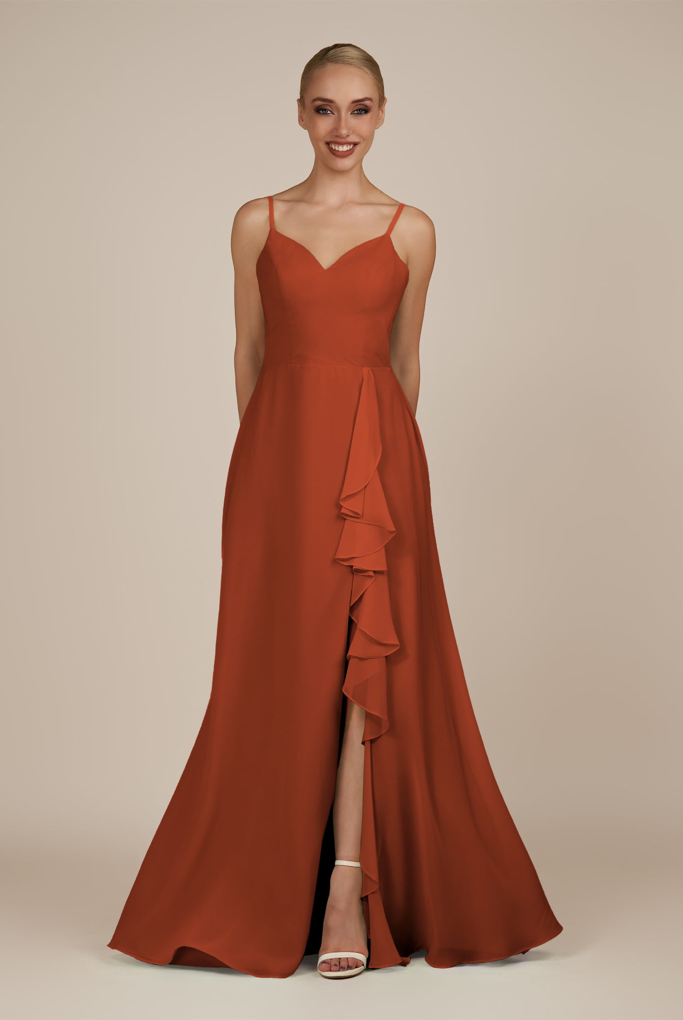 KissDress-Rhonda Spice Sheath Chiffon V Neck Ruffled Long Bridesmaid Dress with Slit