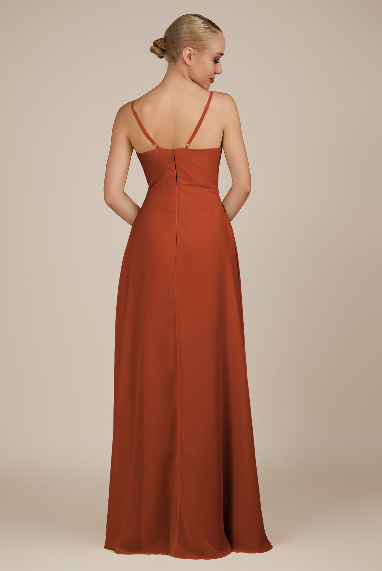 KissDress-Rhonda Spice Sheath Chiffon V Neck Ruffled Long Bridesmaid Dress with Slit