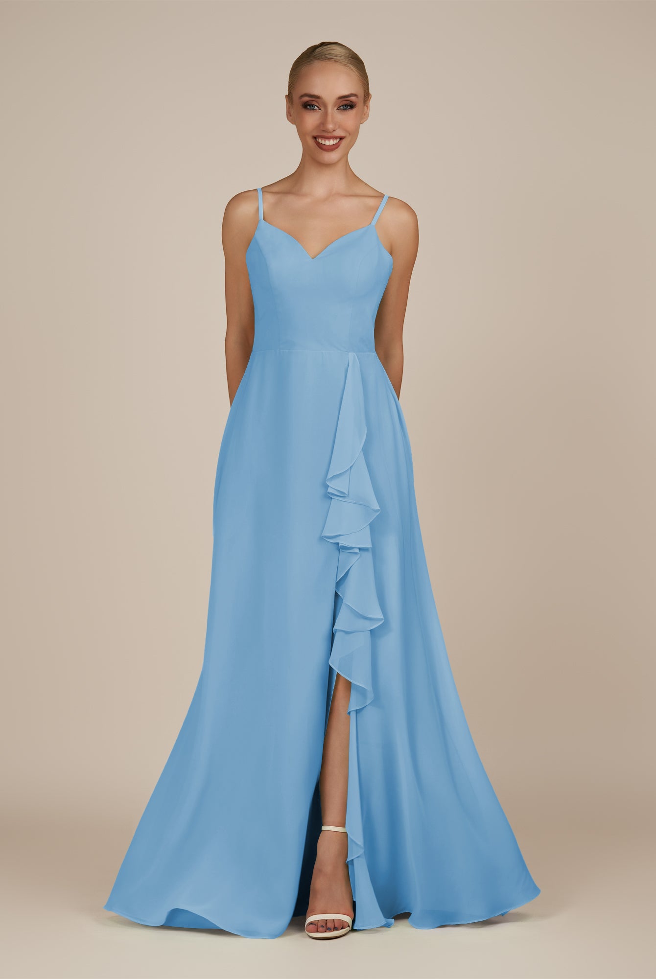 KissDress-Rhonda Steel Blue Sheath Chiffon V Neck Ruffled Long Bridesmaid Dress with Slit