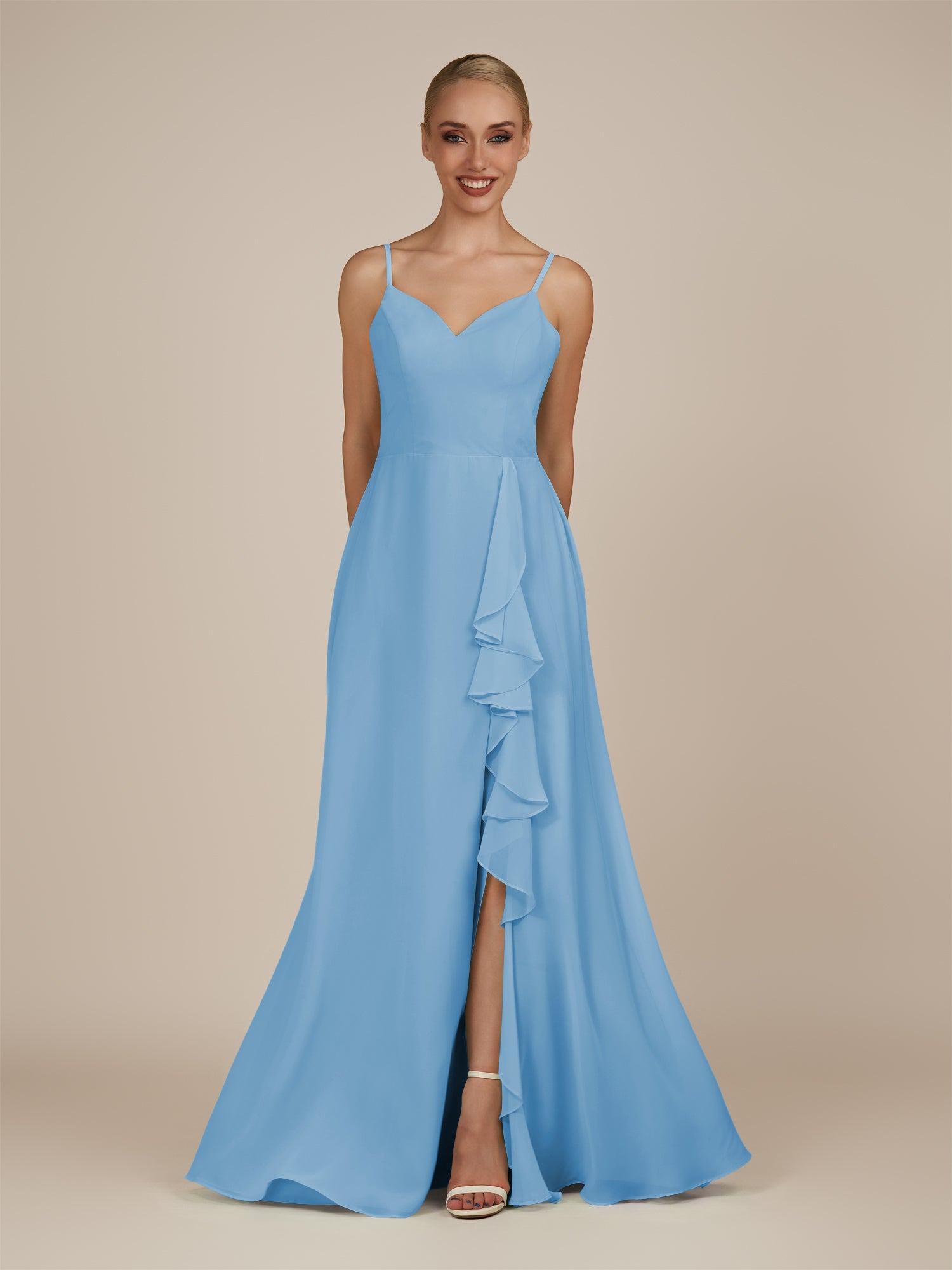 KissDress-Rhonda Steel Blue Sheath Chiffon V Neck Ruffled Long Bridesmaid Dress with Slit