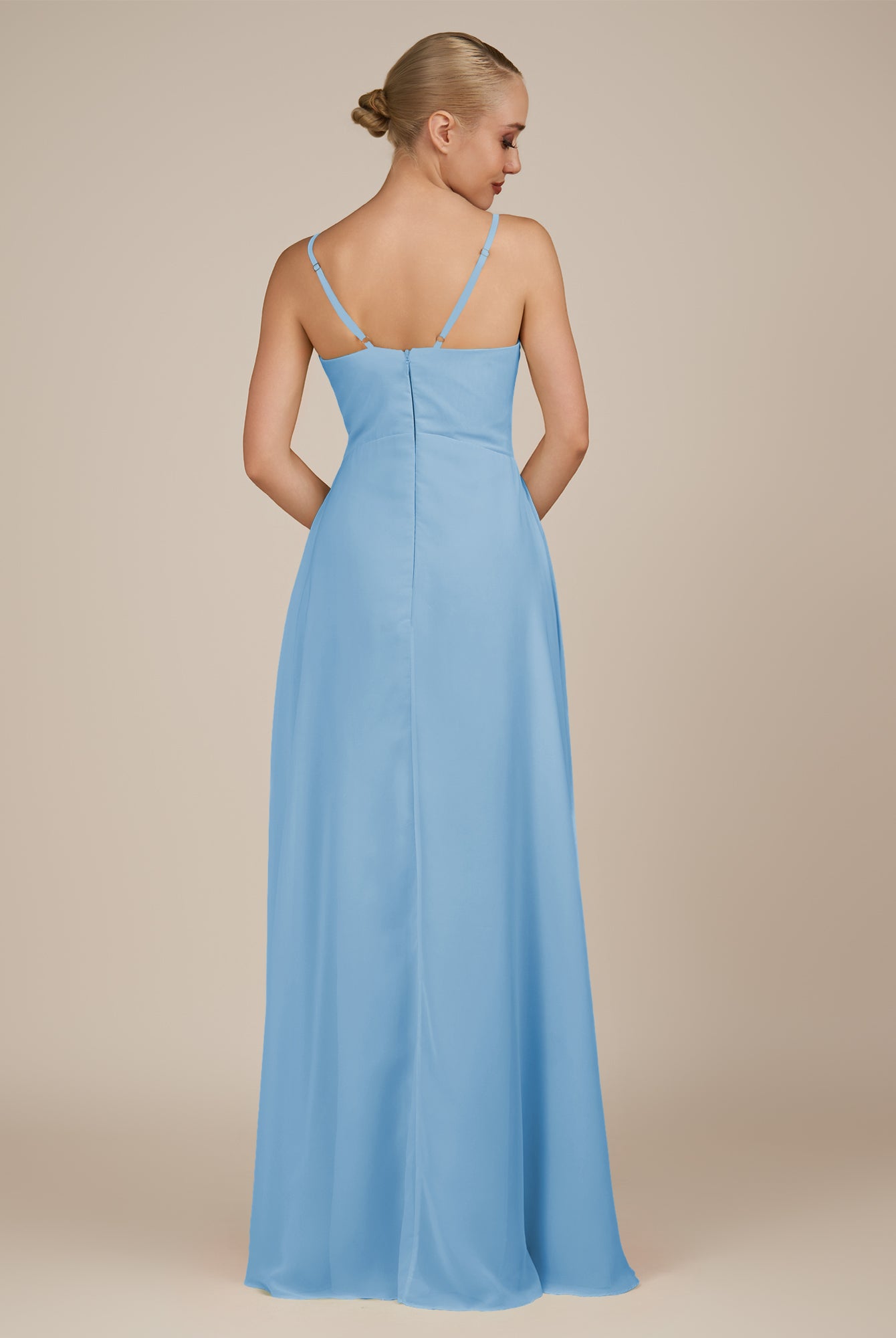KissDress-Rhonda Steel Blue Sheath Chiffon V Neck Ruffled Long Bridesmaid Dress with Slit