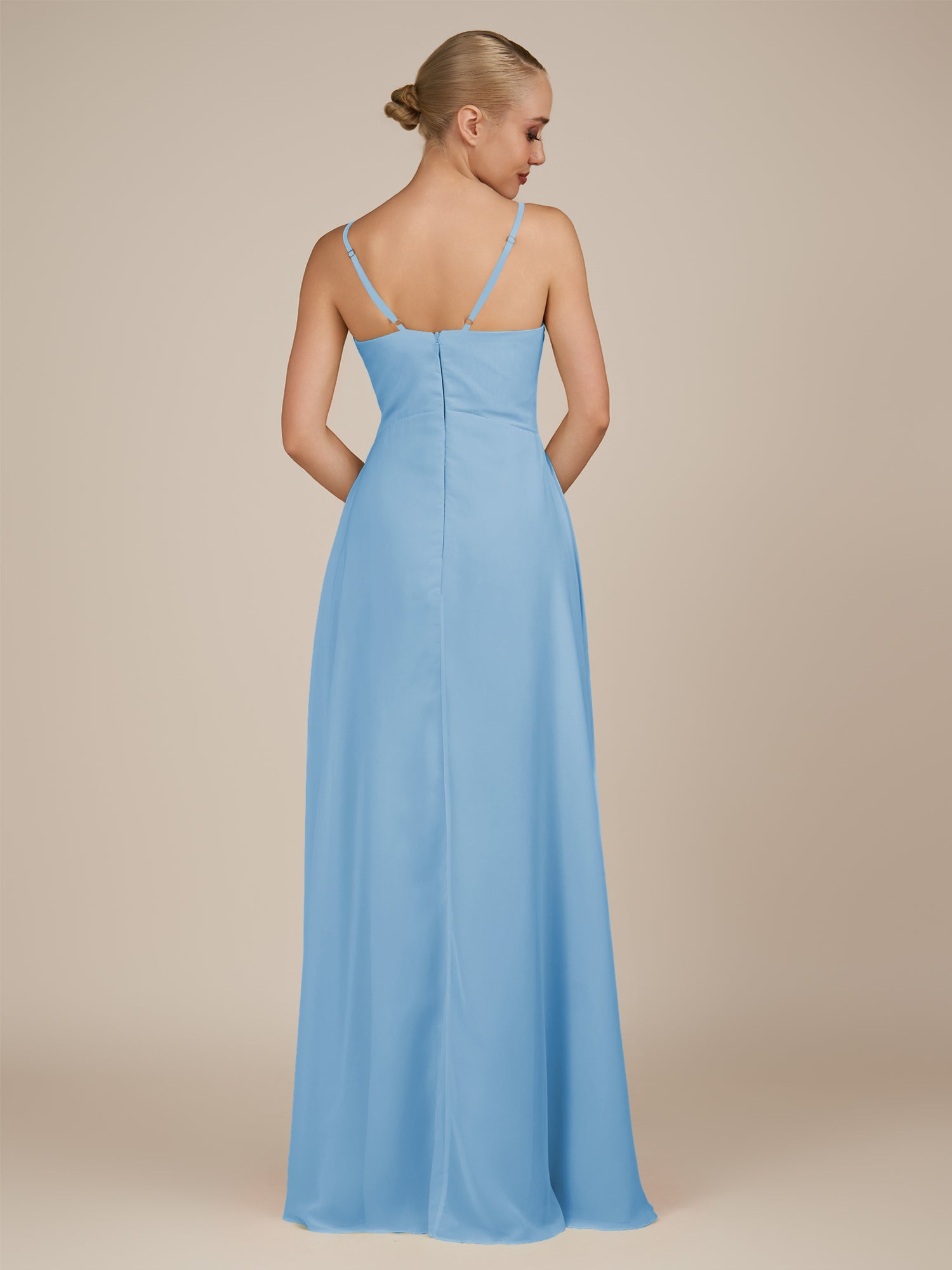 KissDress-Rhonda Steel Blue Sheath Chiffon V Neck Ruffled Long Bridesmaid Dress with Slit