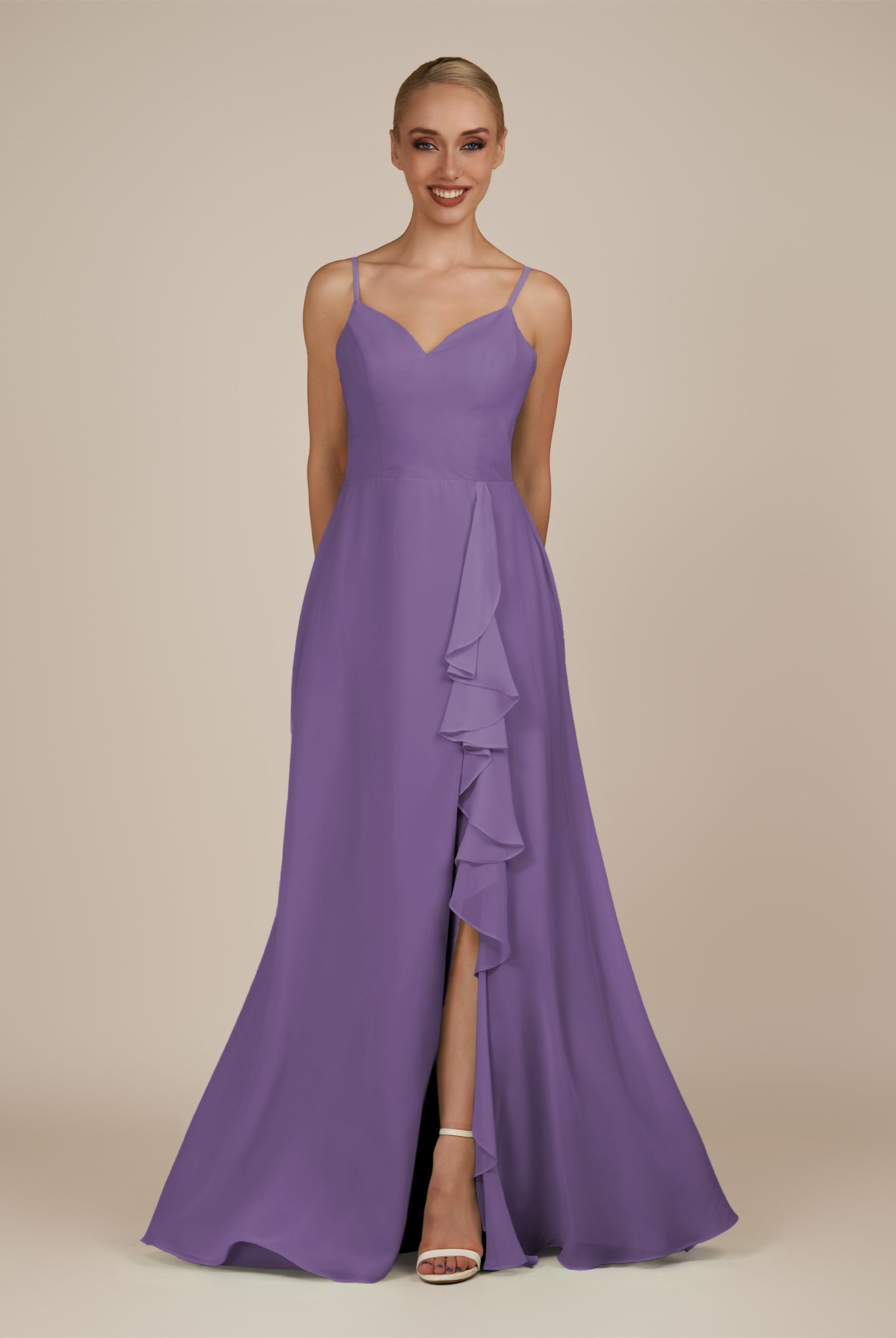 KissDress-Rhonda Tahiti Sheath Chiffon V Neck Ruffled Long Bridesmaid Dress with Slit